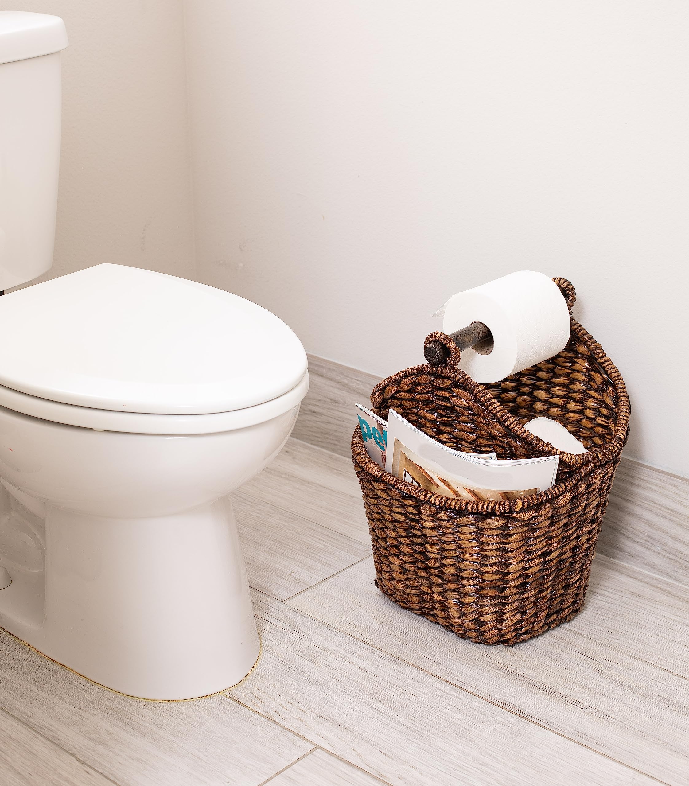 BIRDROCK HOME Handwoven Seagrass Bathroom Basket with Pocket - Natural Wicker Toilet Paper Holder & Organizer for Toiletries, Washcloths, Small Items - Grey Washed Wooden Storage Bin - Perfect for Bathroom, Spa, and Home Decor Organization