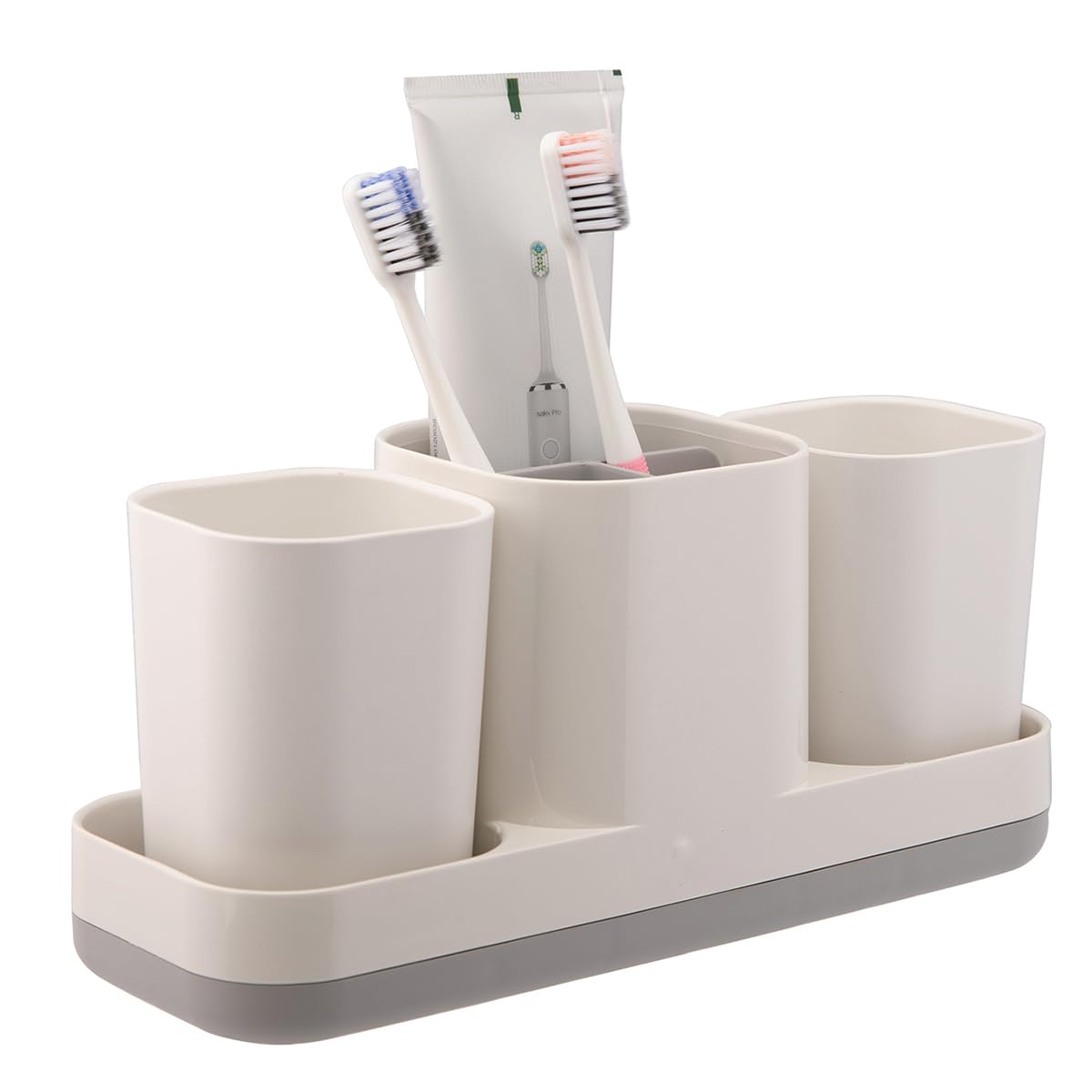 White Toothbrush Holder & Toothpaste Dispenser Set - 2 Bathroom Cups & Electric Toothbrush Stand for Vanity Countertop Organization | Kids Bathroom Decor Accessories | Perfect for Family Bathrooms & Guest Suites