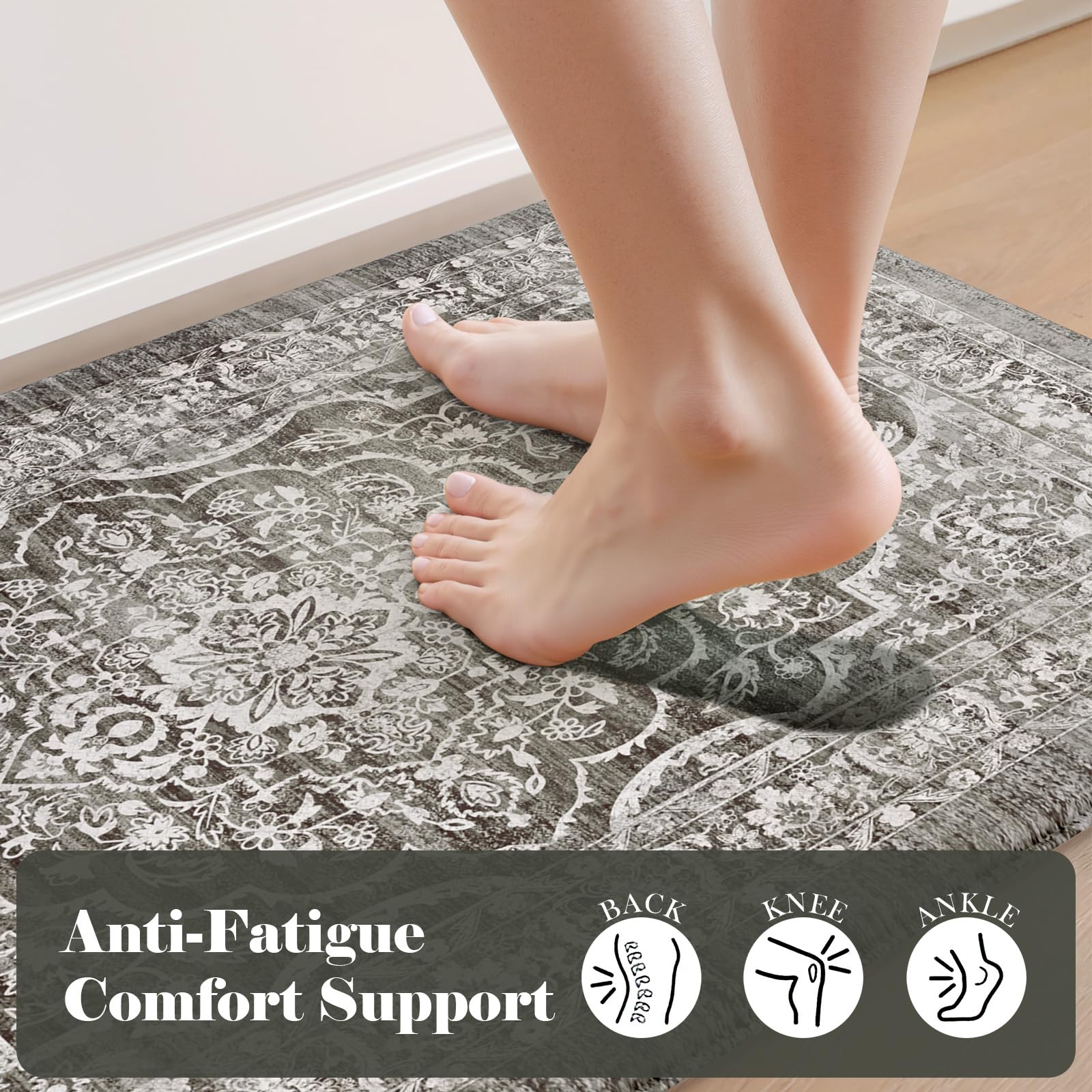 2-Piece Anti-Fatigue Kitchen Floor Mats - Cushioned Memory Foam, Waterproof & Non-Slip - Black Boho Style Rug for Kitchen, Laundry Room, Office & Porch - Comfortable Standing Mat for Cooking, Dishwashing & Long Work Hours