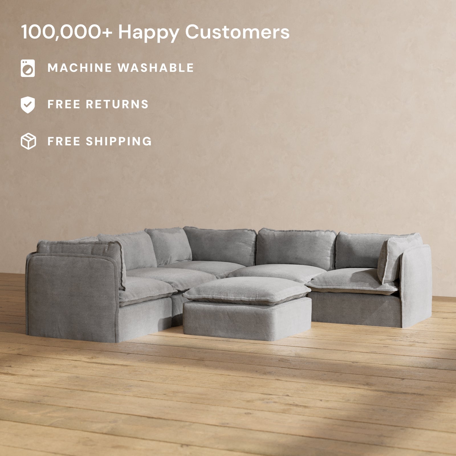 Modular Performance 5-Seater Corner Sectional Sofa with Ottoman in Ash Fabric | Modern L-Shaped Living Room Furniture for Family Gatherings & Movie Nights