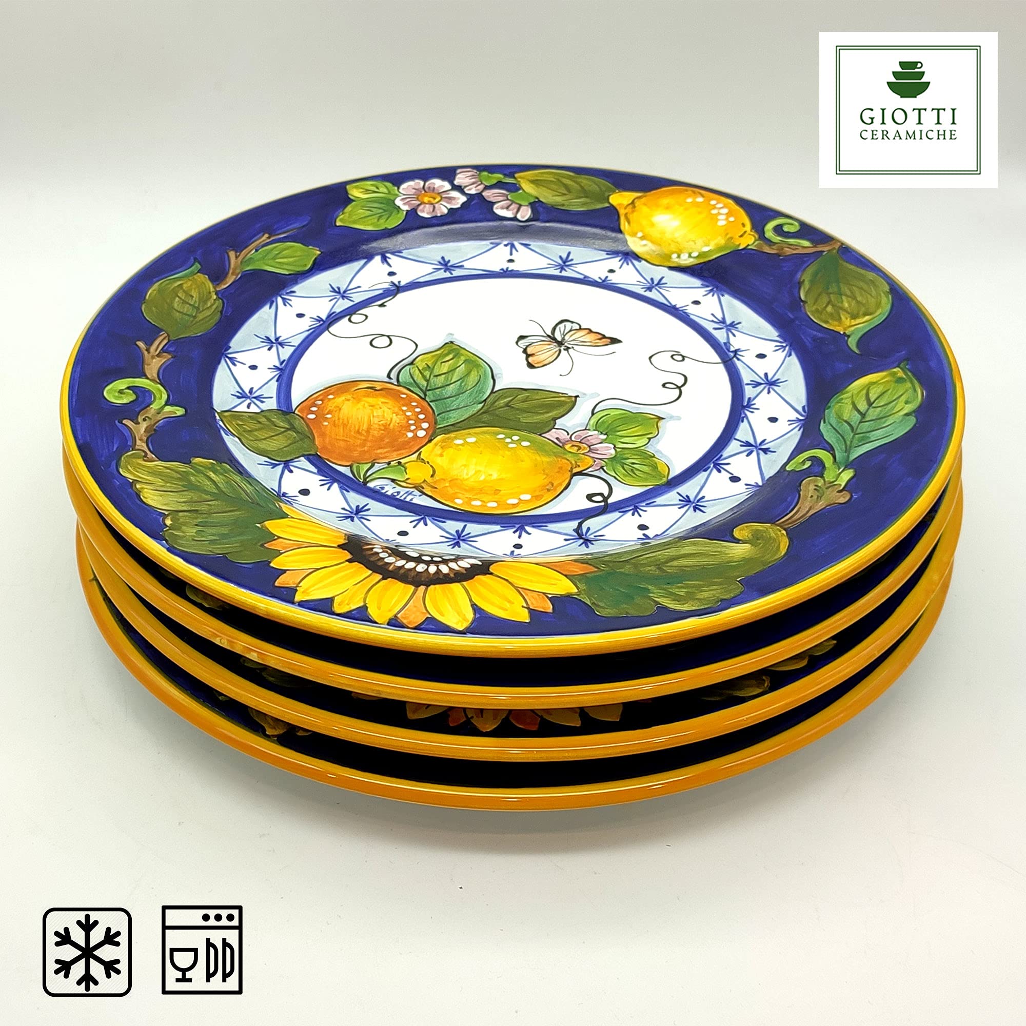Italian Ceramic Dinnerware Set for 4 - Hand Painted Tuscan Kitchen Dishes - Authentic Italian Pottery Plates & Bowls - Sunflower Lemon Design Home Decor - Perfect for Family Dinners & Entertaining Guests