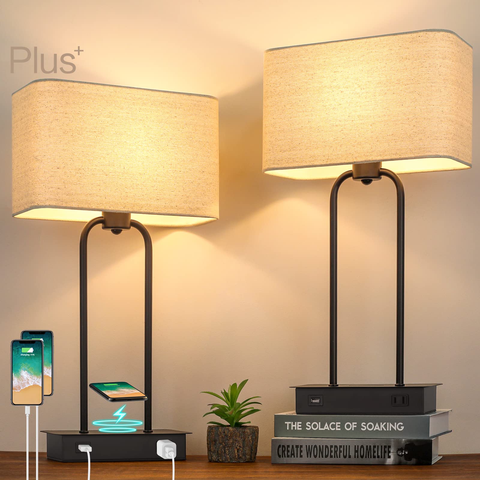 Wireless Charging Touch Control 3-Way Dimmable Table Lamp Set of 2 - Modern Black Nightstand Lamps with USB Port & AC Outlet for Bedroom, Living Room, Office - Includes LED Bulbs | Perfect for Reading, Working & Bedside Lighting