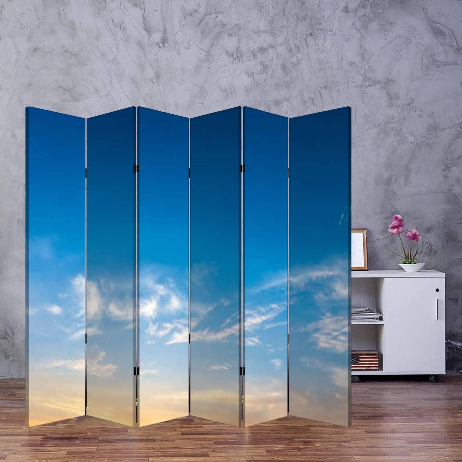 Wooden Room Divider with Sunset Cloud Design - 6-Panel Folding Privacy Screen, Dual-Sided Canvas Partition for Home & Office Decor | Perfect for Living Rooms, Bedrooms, and Studio Spaces