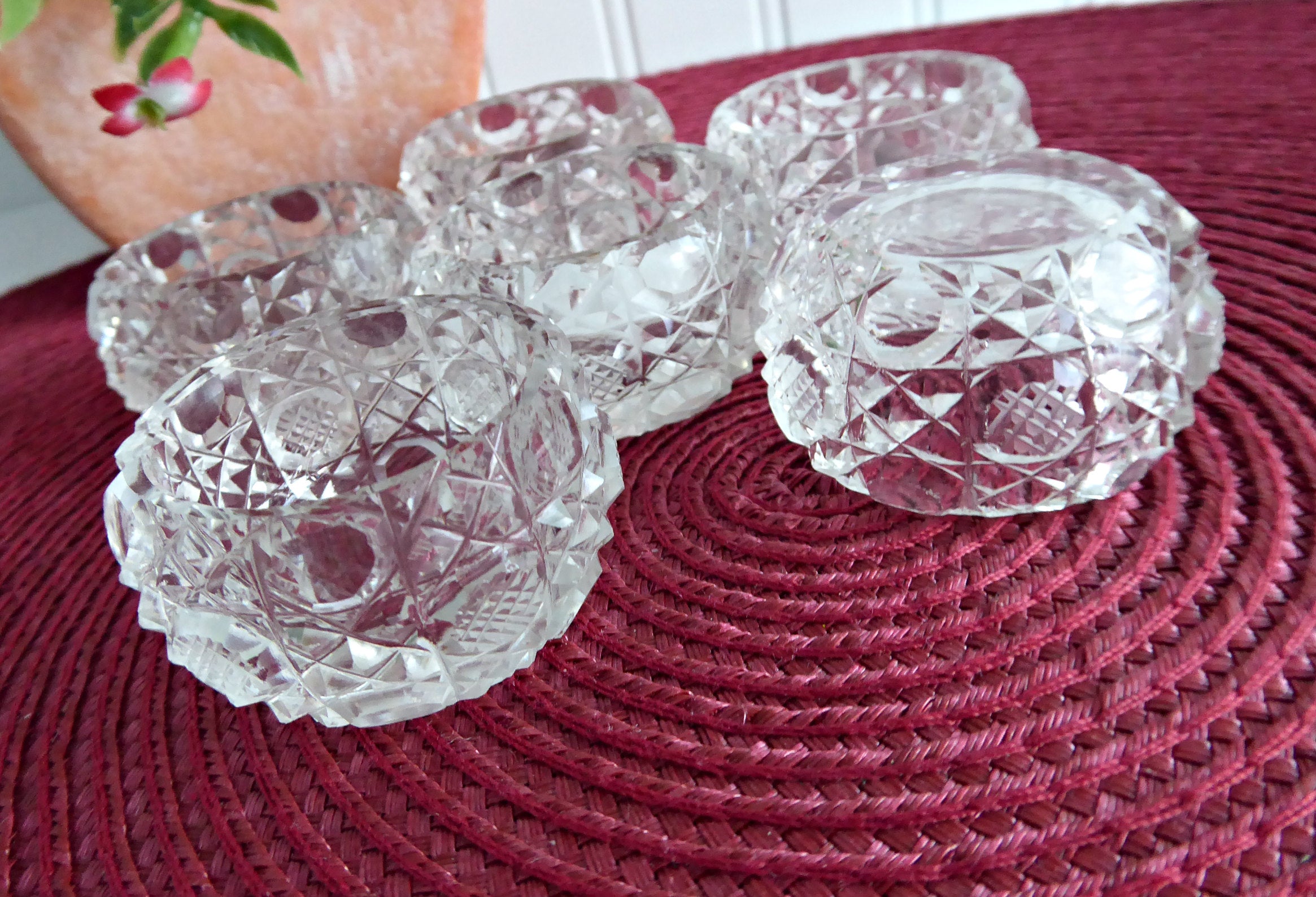 6-Piece Edwardian Open Salt Cellars Set - Faceted Crystal Salt Dishes with Waffle Button Diamond Design for Elegant Dining & Table Decor