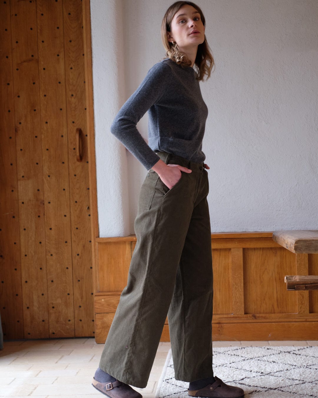Harper Cotton Wide Leg Pants for Women | Olive Green Corduroy Trousers | Comfortable Casual & Office Wear