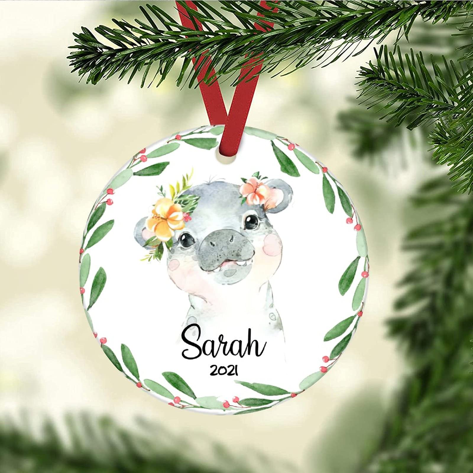 Custom Baby's First Christmas Ornament - Personalized Hippo Watercolor Wreath with Name - Newborn Gift for Baby Shower, Birthday & Holidays - Perfect Nursery Decor & Keepsake for 1st Christmas