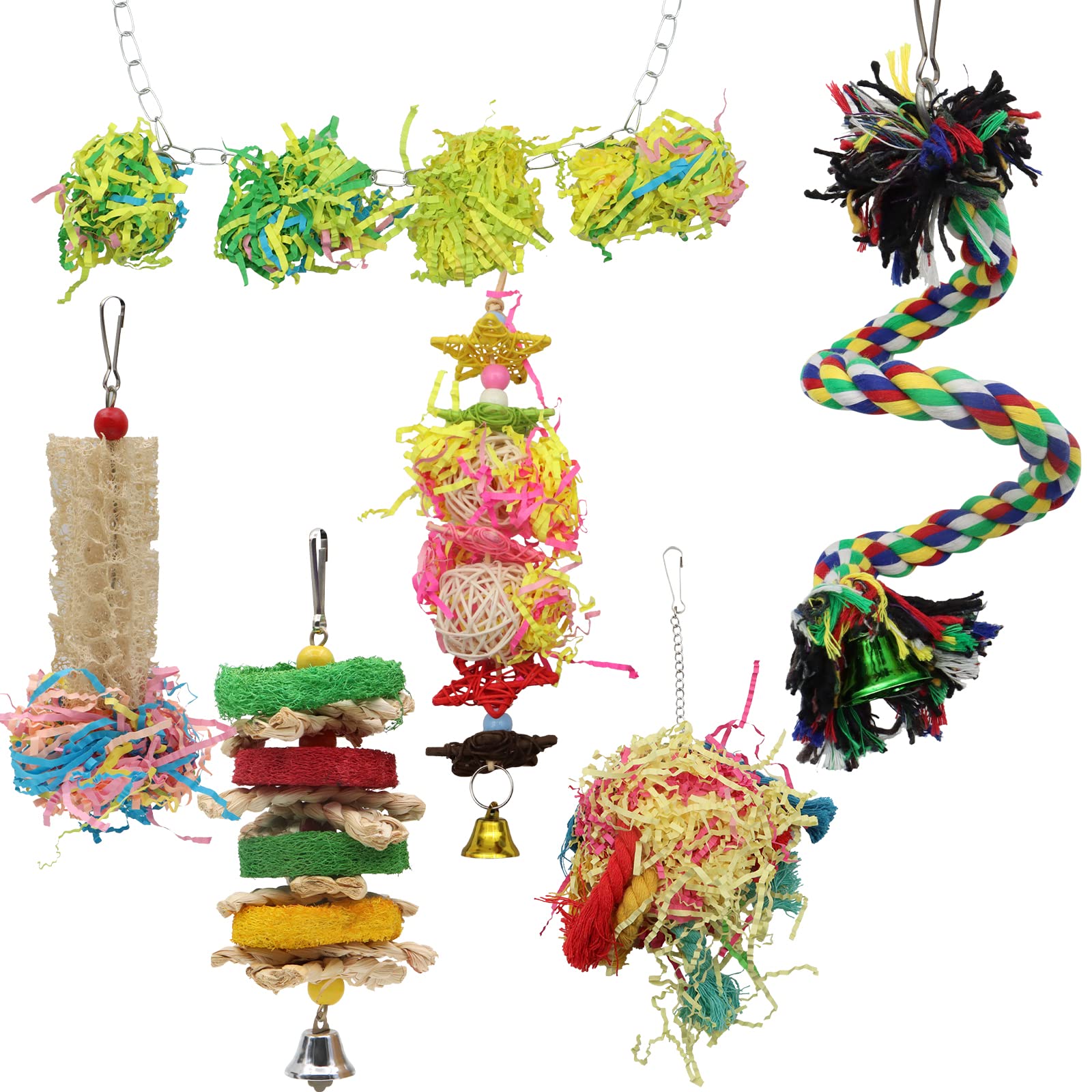 ZOCONE 6 Pcs Bird Foraging Chewing Toys - Parrot Cage Shredder & Loofah Hanging Toys for Cockatiels, Budgies, Lovebirds - Safe Cotton Rope Climbing Toy for Small/Medium Parrots & Finches - Perfect for Cage Enrichment & Mental Stimulation