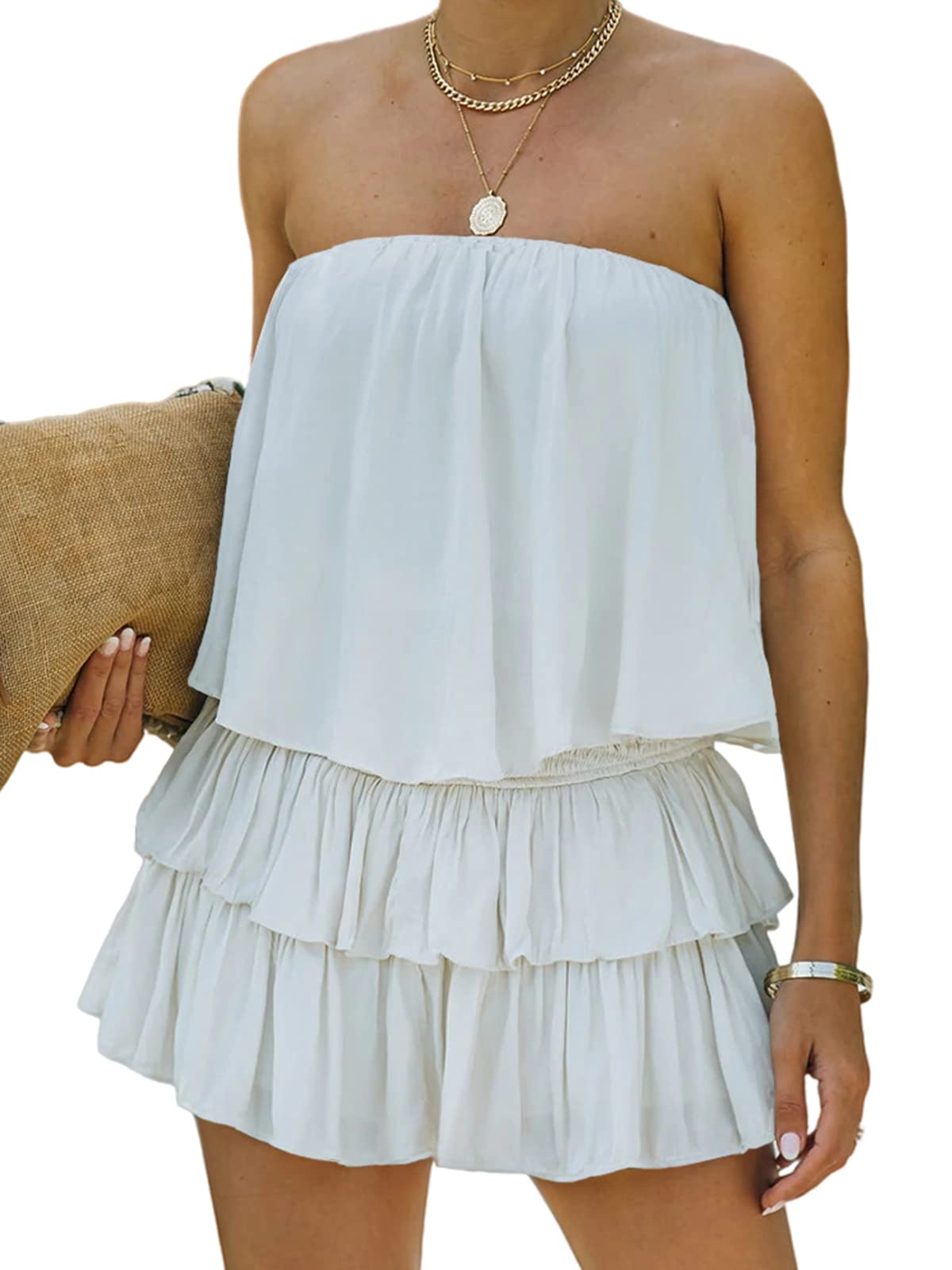 MIRACMODA Women's Off The Shoulder Romper - Flowy Strapless Smocked Jumpsuit Playsuit Dress for Summer Beach Vacation & Date Night Outfits