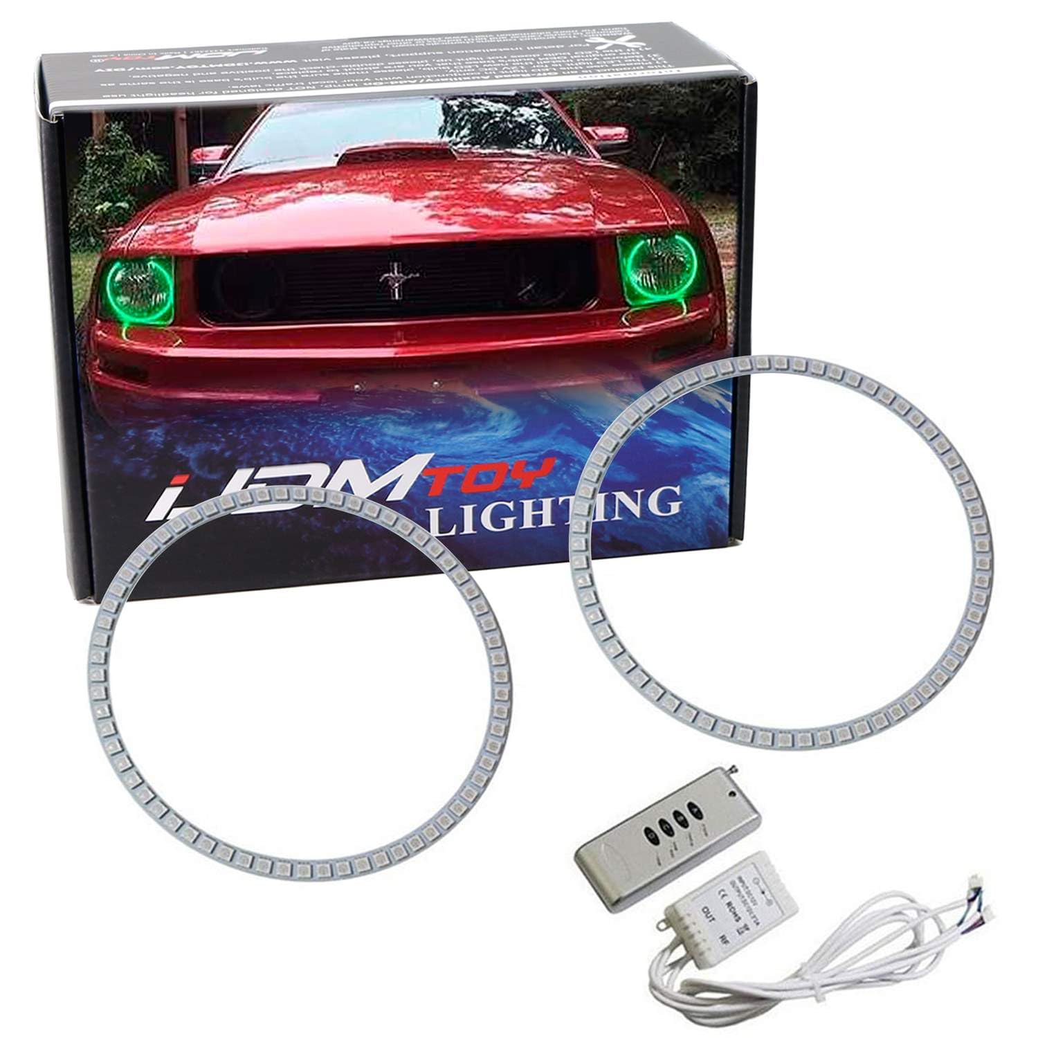 iJDMTOY 132-LED RGB Multi-Color Angel Eyes Halo Rings for 2005-2009 Ford Mustang | Adjustable Front Road Lighting | Daytime Running & Night Driving Lights | Custom Car Aesthetics & Enhanced Visibility