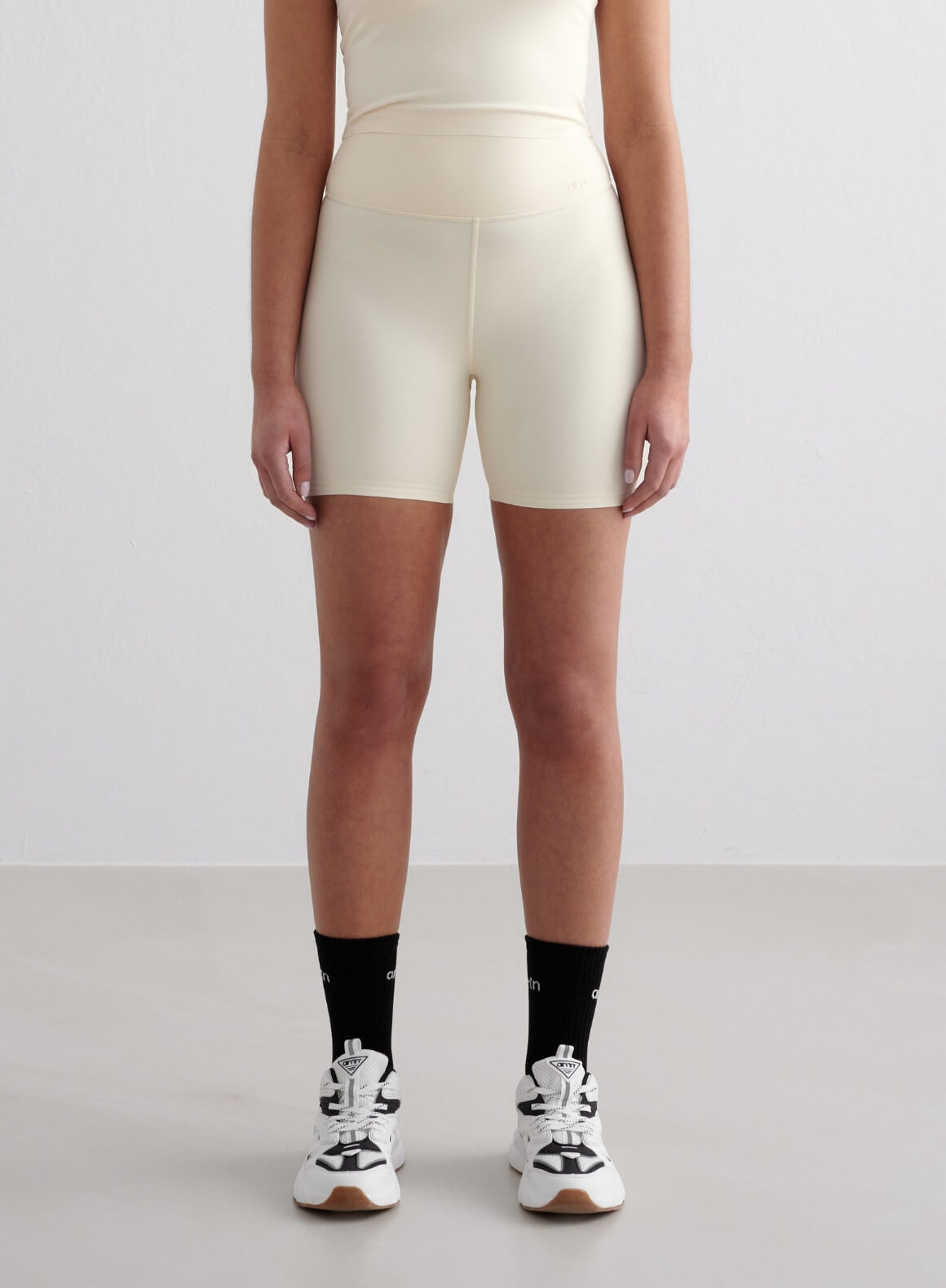 Almond White High Waist Midi Biker Shorts for Women - Comfortable Yoga Workout & Casual Wear