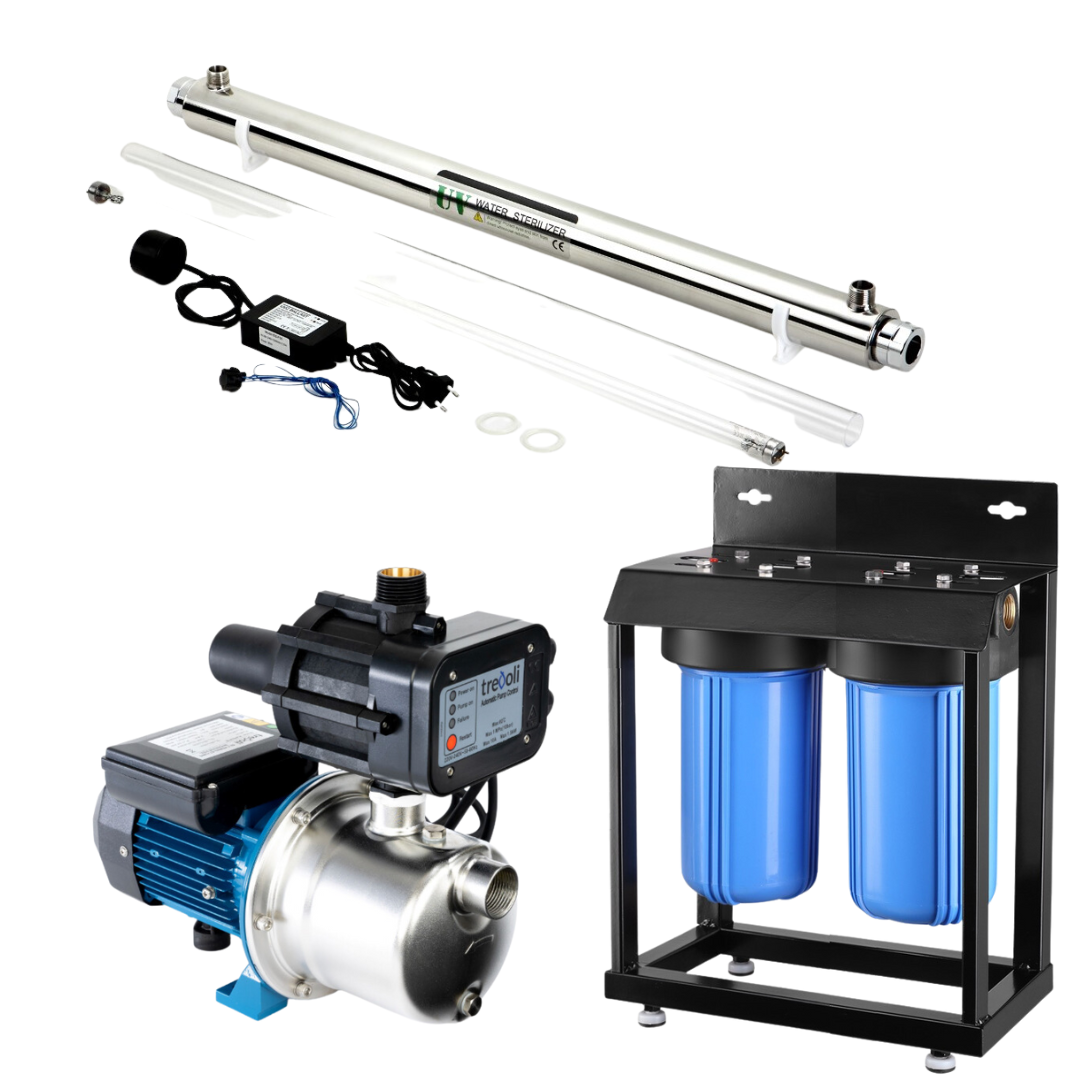 1 Small House 1 Bathroom Water Filtration System Combo - Jet Pump, Whole House Filter & UV Purifier for Clean Drinking Water | Perfect for Rural Homes, Cabins & Off-Grid Living