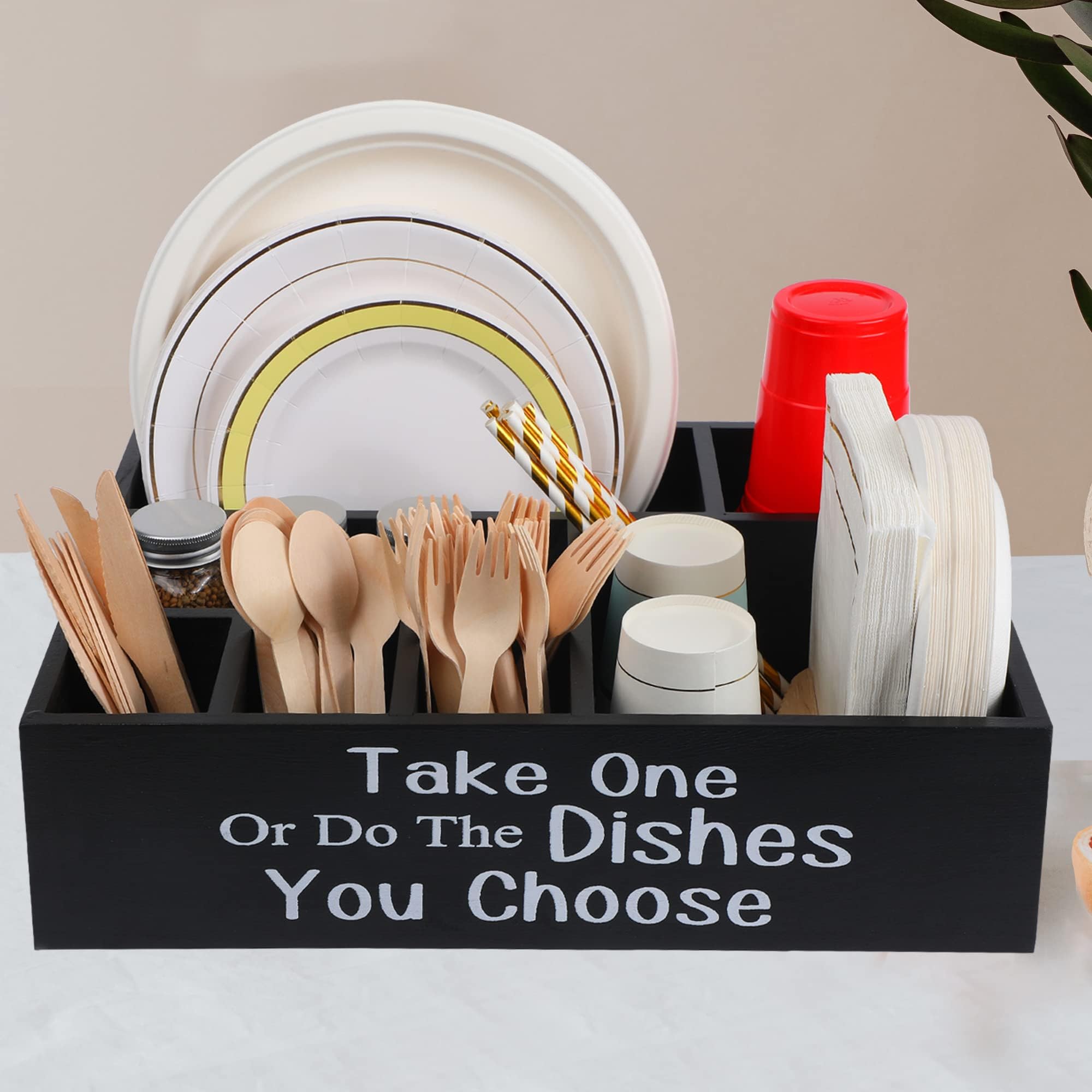 **Wooden Kitchen Utensil Organizer - Silverware Caddy for Forks, Spoons, Cups & Napkins - Countertop Storage Holder with Paper Plate Dispenser - Perfect for Party, Picnic & Dining Room Organization**