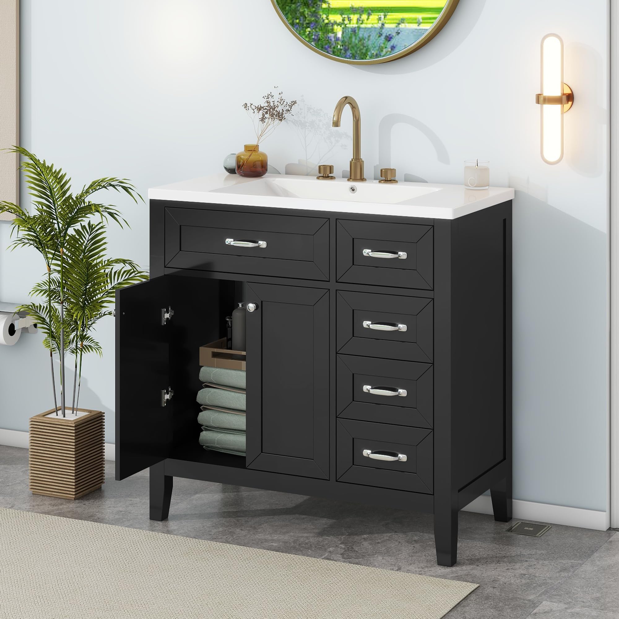 PURLOVE 36 Inch Modern White Bathroom Vanity with Sink - Bathroom Cabinet with Doors and Drawers, Vessel Sink Set for Small Bathrooms, Powder Rooms & Master Baths | Perfect for Home Renovation & Apartment Upgrades