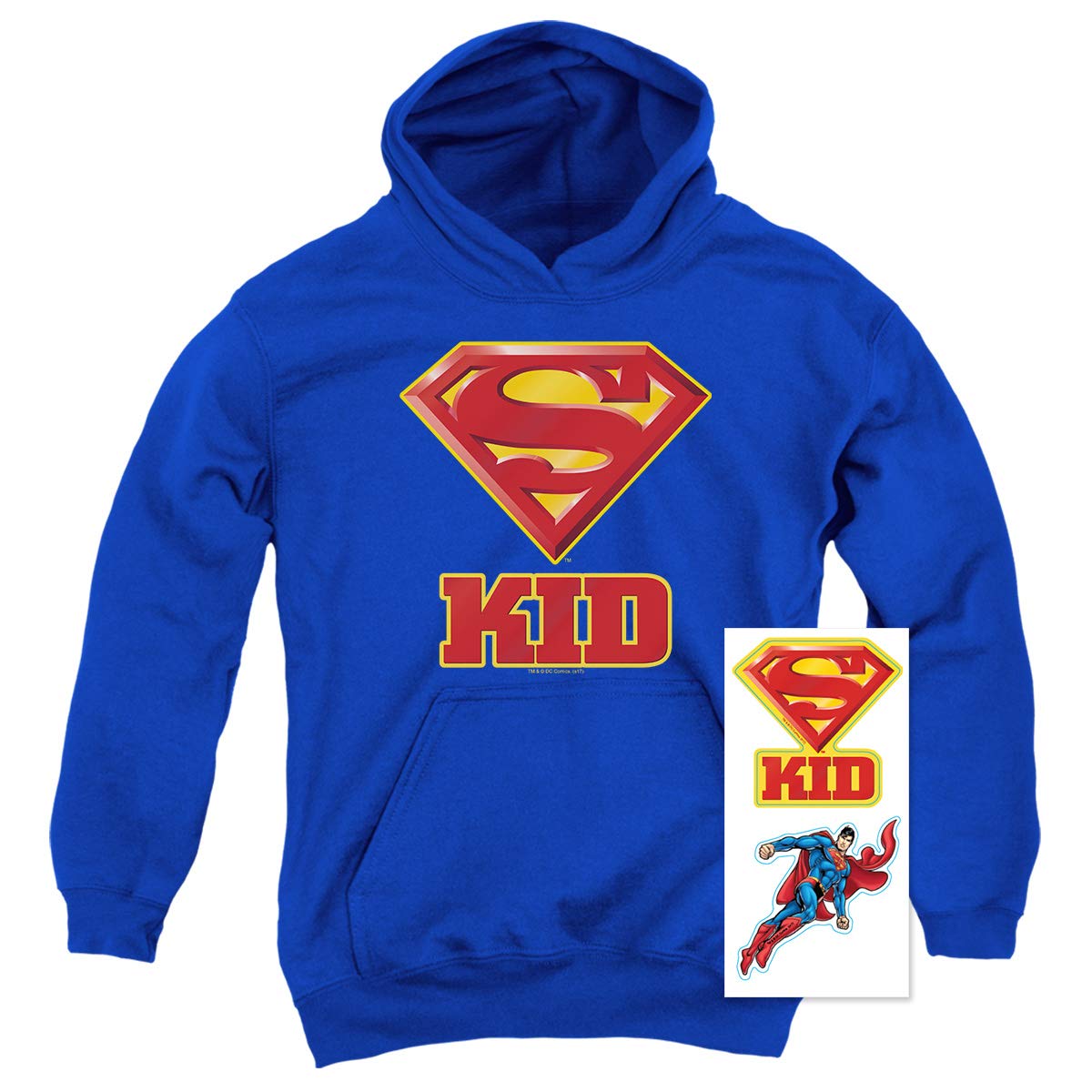 Popfunk Superman Super Kid Pullover Hoodie for Boys & Girls with Free Stickers - Small Size | Soft Cotton Kids Hooded Sweatshirt for School, Playdates & Superhero Costume