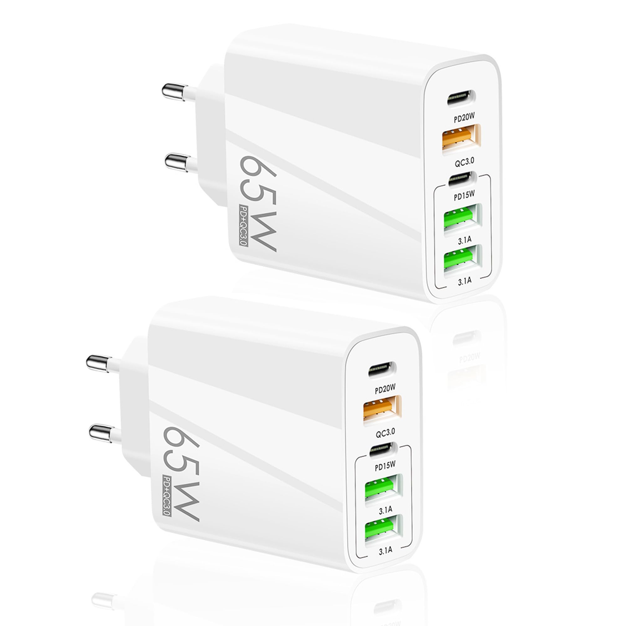 6.6A Fast Charger 2 Pack with 5 Ports (2 USB-C & 3 USB-A) - PD20W & QC3.0 Quick Charge EU Plug for iPhone 15/14/13/12/11 Pro Max/XS/XR/X/SE/8 Plus & Samsung S22/S21/A13 - Perfect for Travel, Home & Office Use