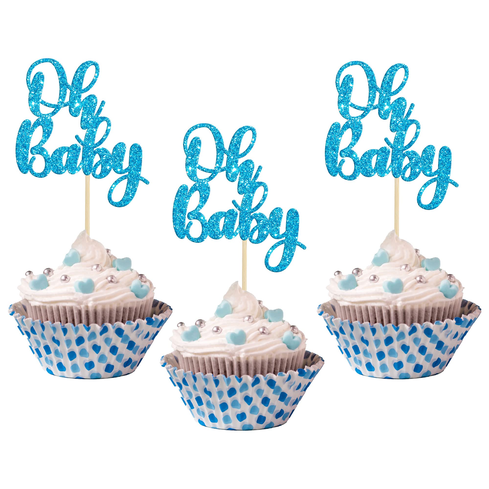 36 Pack Blue Glitter Oh Baby Cake Toppers - Cupcake Picks for Wedding, Birthday & Baby Shower Party Decorations | Perfect for Dessert Table, Baby Gender Reveal & Celebration Cakes