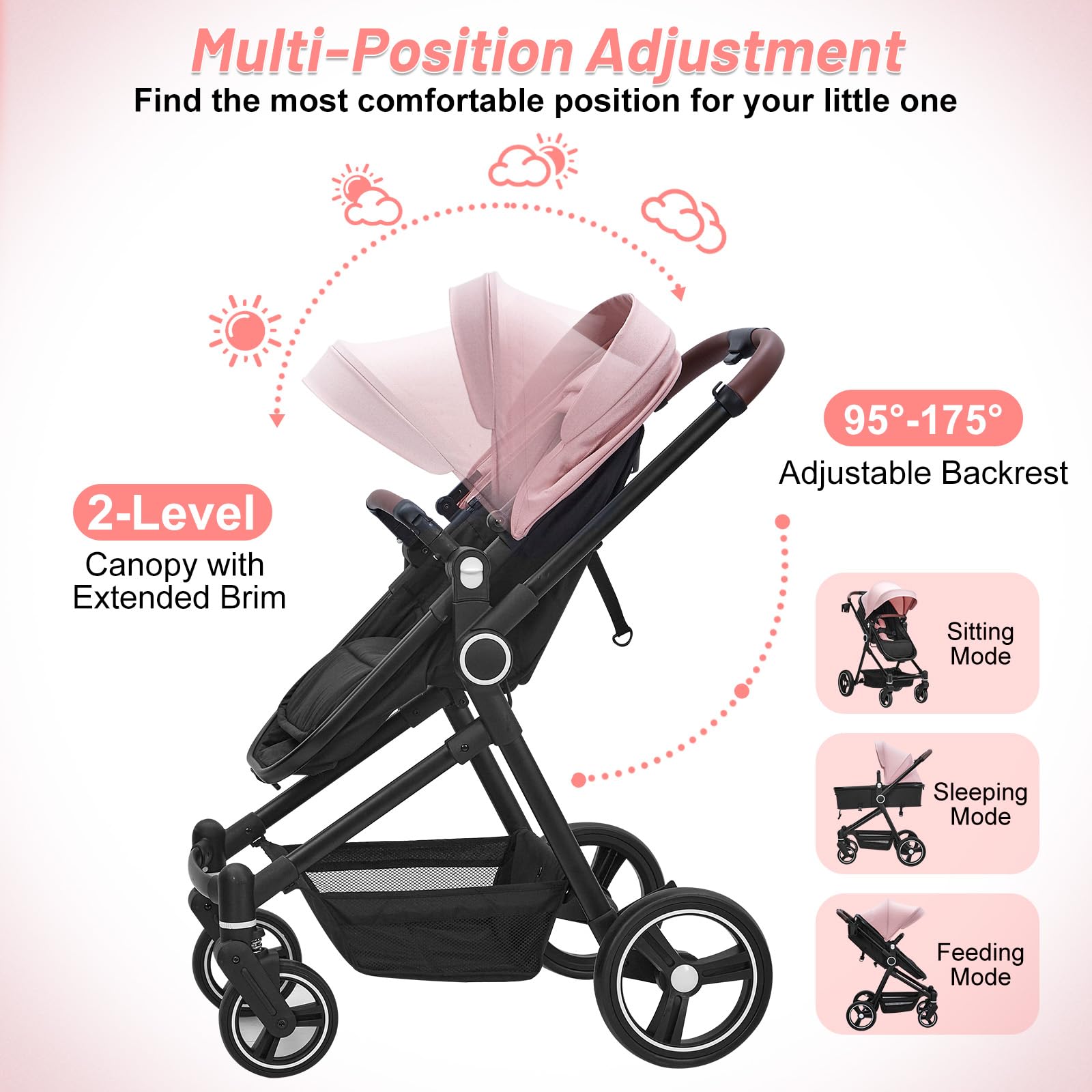 2 in 1 Baby Stroller for Newborn to Toddler (0-3 Years) - Convertible Bassinet Stroller with Large Storage Basket, Shock Absorption & Removable Seat - Includes Cup Holder - Perfect for Walks, Shopping & Travel