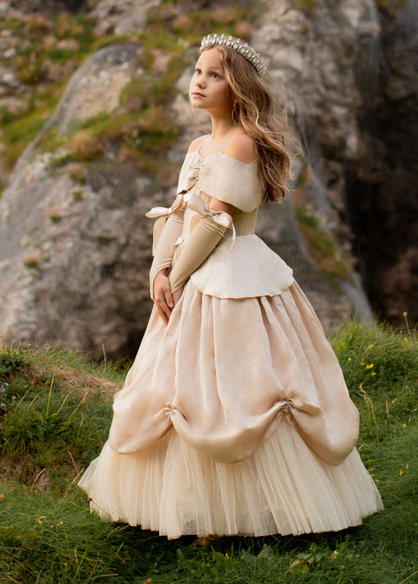 Light Gold Princess Costume Set for Girls - Elegant Dress, Tiara & Accessories for Birthday Parties, Halloween & Dress-Up Play