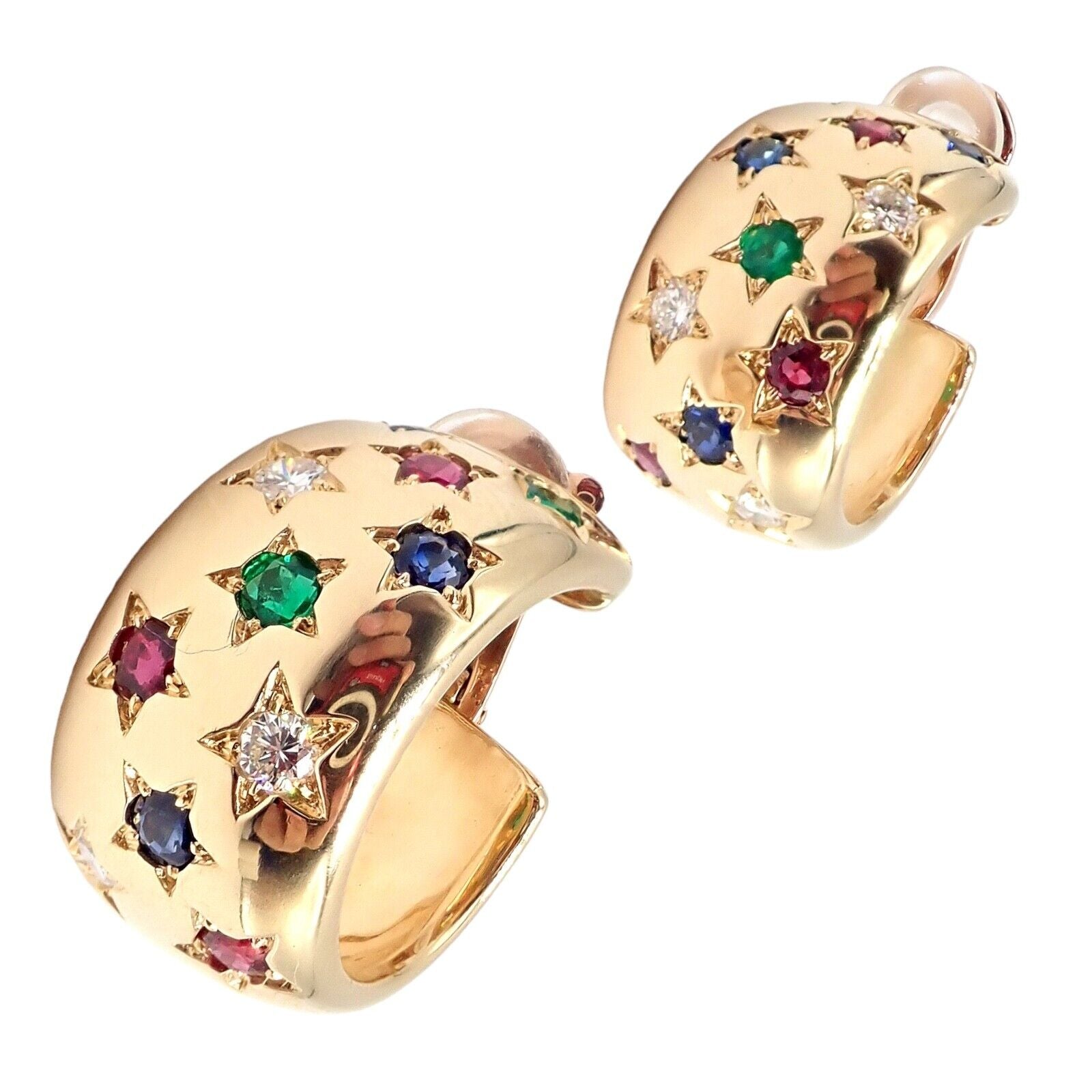 Authentic Cartier Star 18K Gold Hoop Earrings with Diamonds, Rubies, Emeralds & Sapphires | Luxury Jewelry for Women | Perfect for Weddings, Parties & Special Occasions