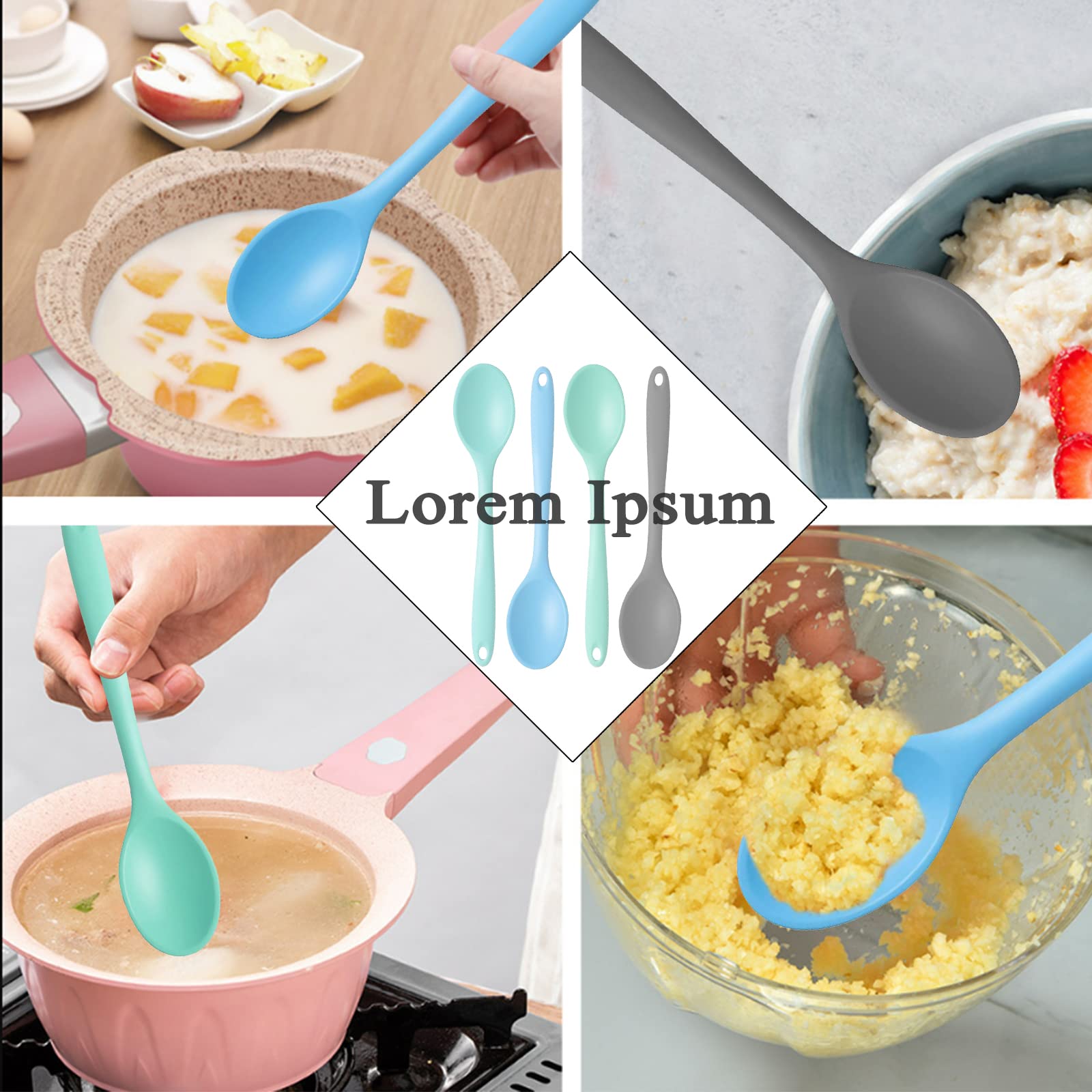 4-Piece High Heat Resistant Silicone Nonstick Cooking Spoon Set - Mixing, Baking, Stirring & Scraping Utensils for Kitchen - Perfect for Cake Batter, Cookie Dough & Sauce Preparation