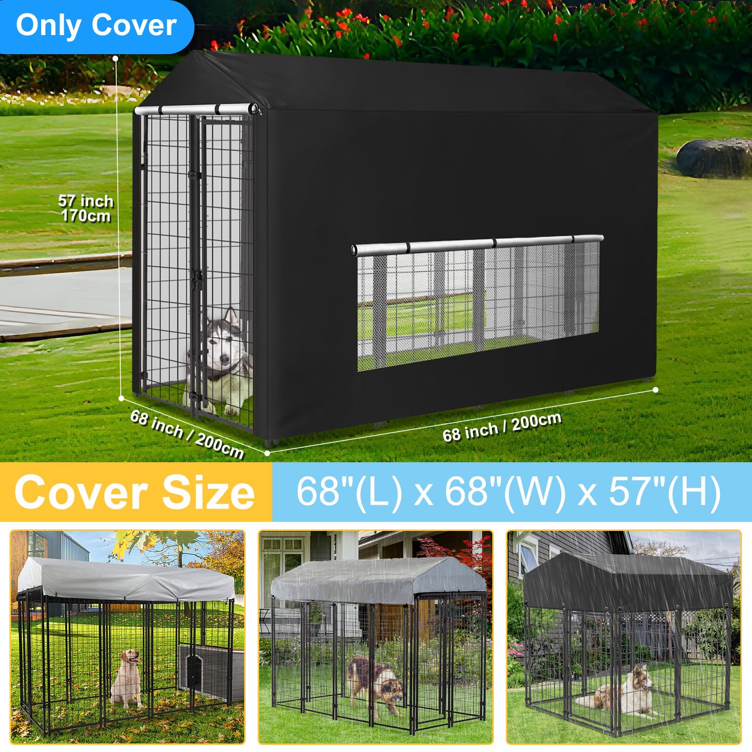 **Large Waterproof Outdoor Dog Kennel Cover with Anti-UV Mesh Window & Clear View Panel - Fully Enclosed Shade for Playpen, Crate, or Patio - Perfect for Sun Protection & Rainy Days**