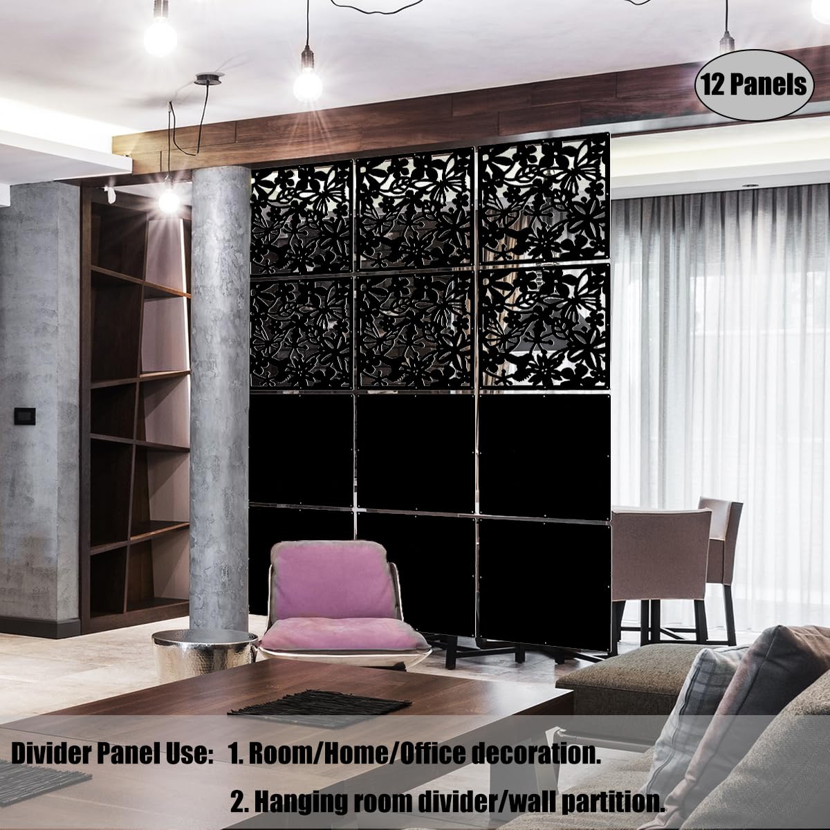LRZCGB 12-Piece PVC Black Hanging Room Divider Panel Screen - Solid Privacy Partition for Living Room, Dining Room, Study & Hotel Decor | Home Office Separation & Space Dividing Solution