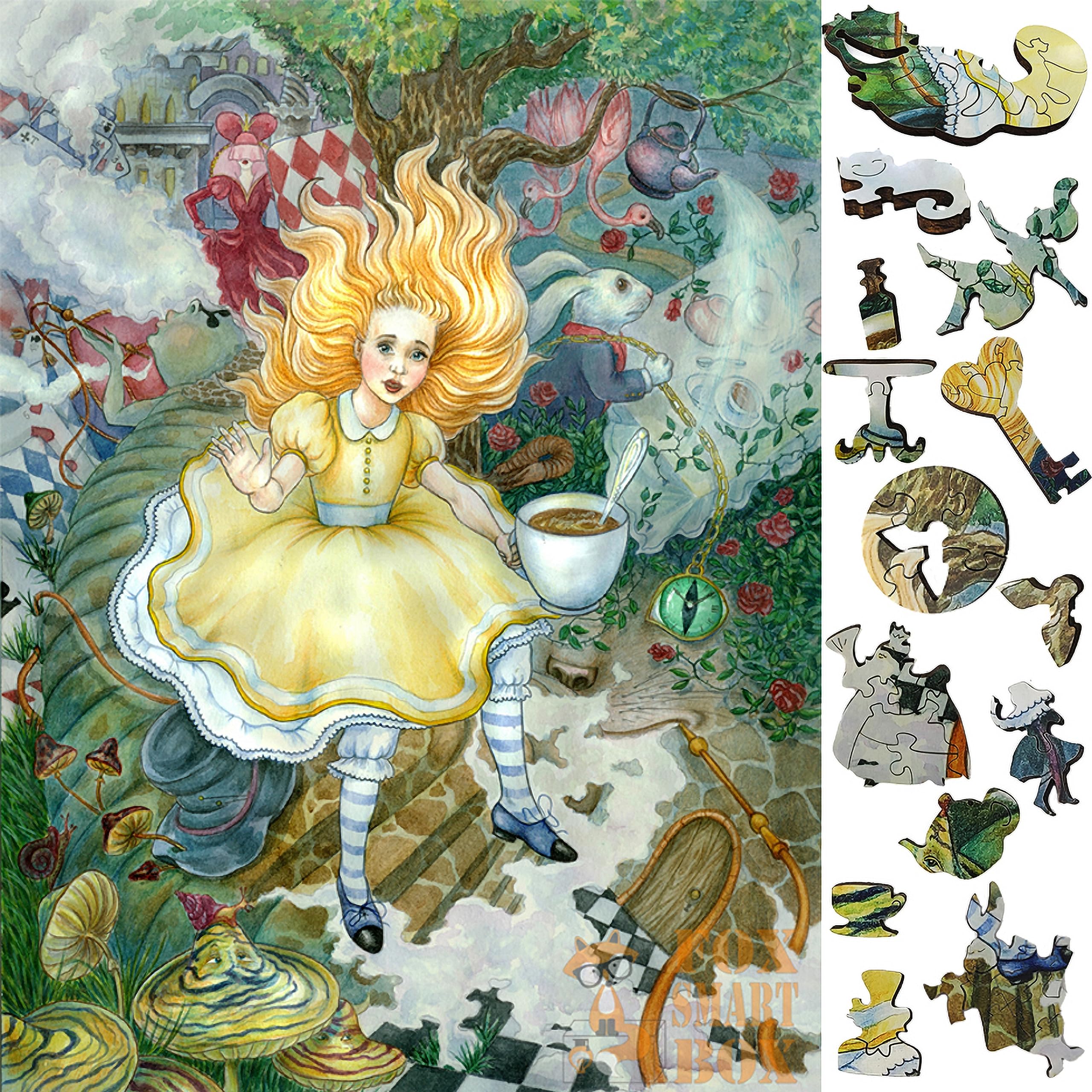Premium Wooden Jigsaw Puzzle for Adults - 439 Unique Shaped Pieces - Alice in Wonderland Theme - Handcrafted in USA by FoxSmartBox - Perfect for Stress Relief, Family Game Night & Home Decor