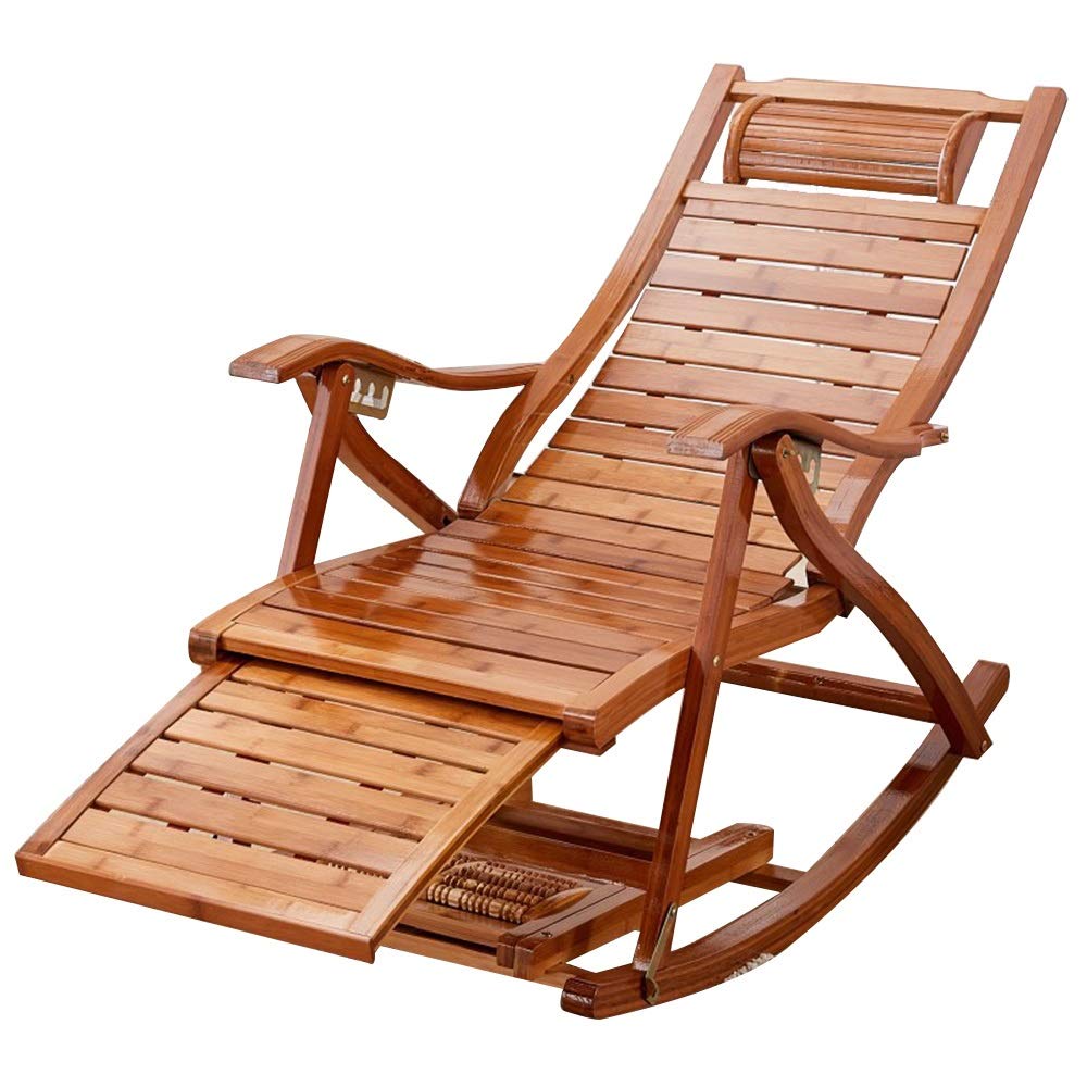 HAOTING Comfortable Bamboo Lounger Deck Chair - Adjustable Reclining Rocking Chair with Foldable Design & Telescopic Footrest, Foot Massage Roller - Perfect for Patio, Garden, Poolside Relaxation and Outdoor Napping