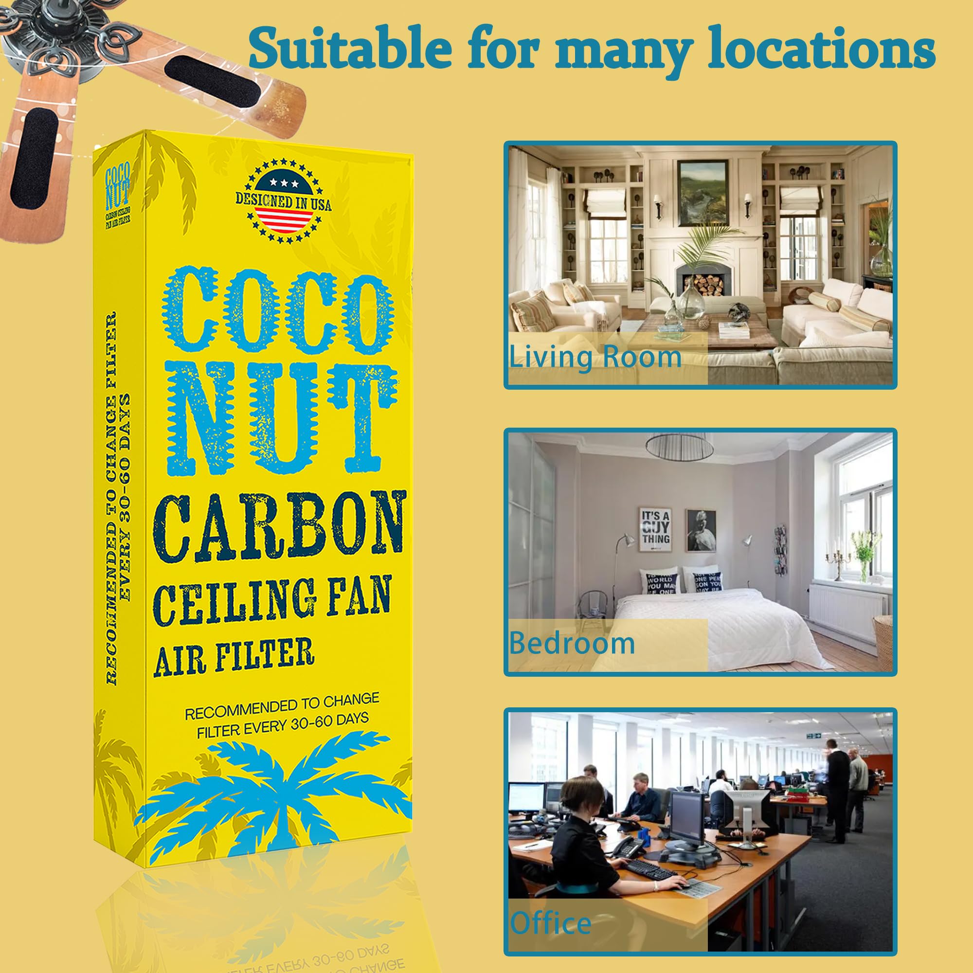 Activated Coconut Shell Carbon Ceiling Fan Air Filters - 6 Pack Universal Easy-Stick Blades for Cleaner Air | Perfect for Home, Office & Bedroom Air Purification