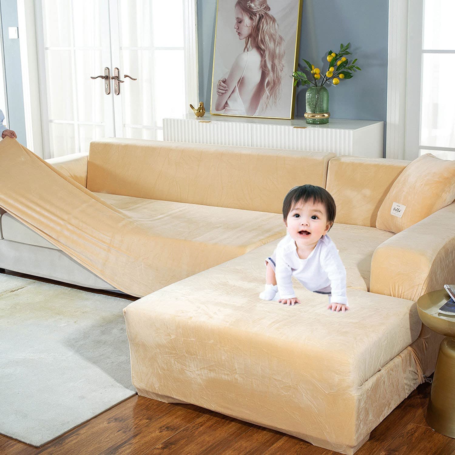 Stretch L-Shaped Sectional Sofa Slipcover - 3 Cushion Couch Cover for Living Room, Chaise Lounge Protector for Pets & Kids (Beige, 2+4 Seat) | Perfect for Family Homes with Dogs & Children