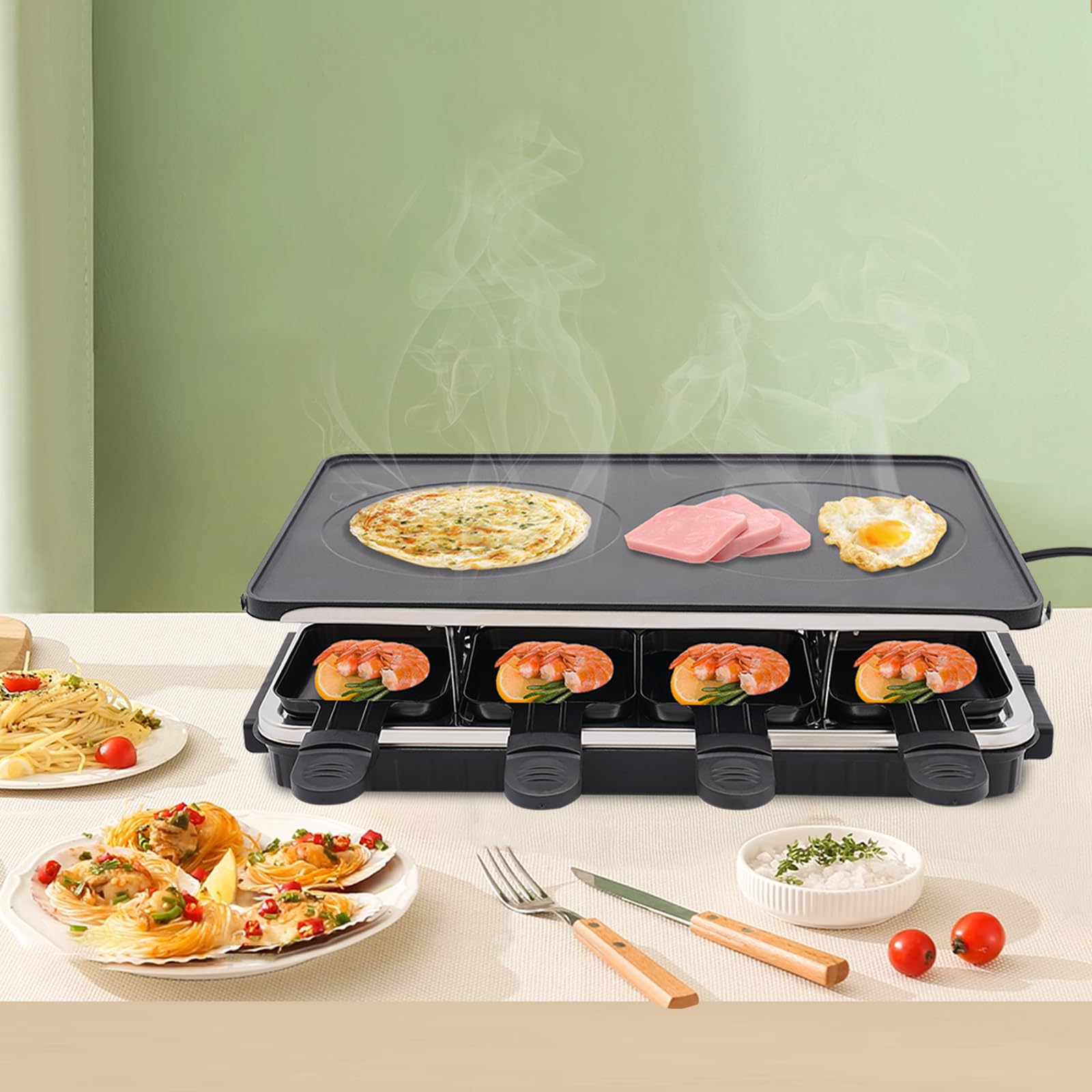 2-in-1 Electric Raclette Table Grill & Indoor Griddle - 1300W Nonstick Korean BBQ Grill with Reversible Cast Aluminum Plate & 8 Raclette Cheese Pans - Perfect for Family Gatherings, Dinner Parties & Indoor Grilling