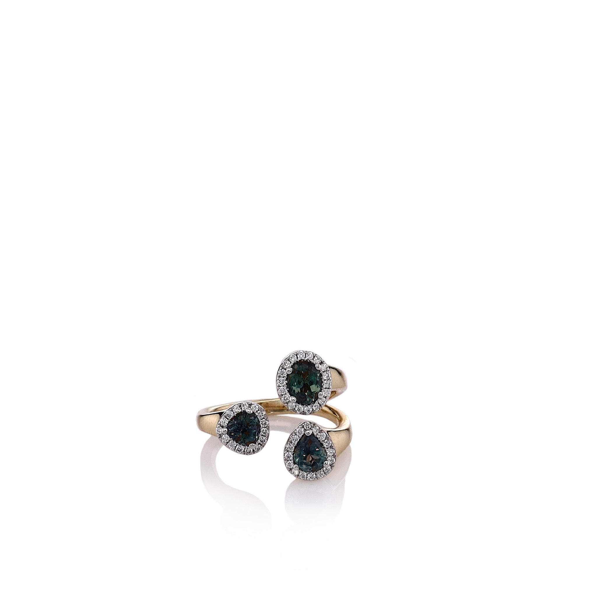 14K Yellow Gold Open Design Multi-Shape Alexandrite and Diamond Halo Ring for Engagement, Wedding, Anniversary & Special Occasions