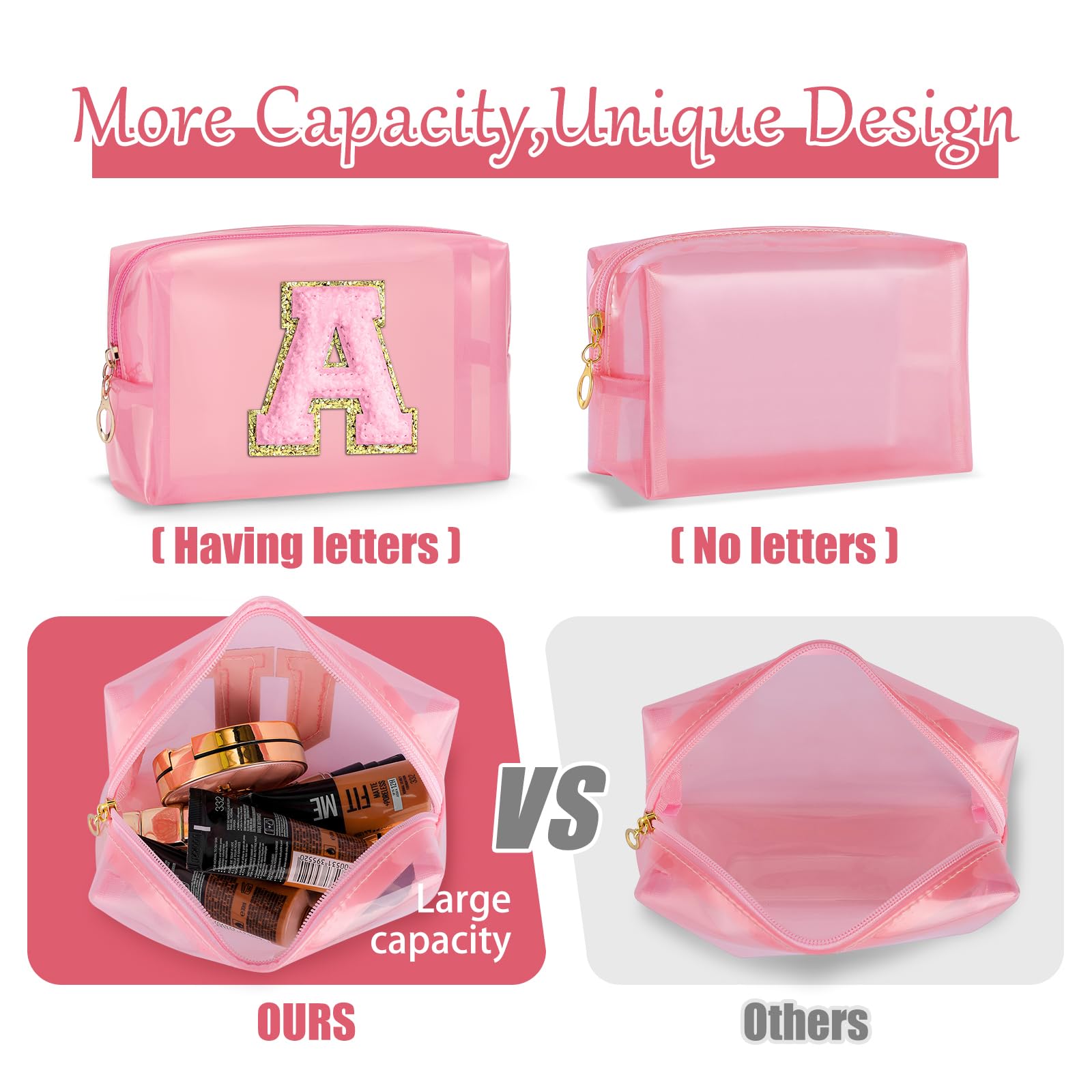 Personalized Initial Cosmetic Bag - Cute Pink Makeup Pouch for Women, Best Friend Birthday Gift, Bridesmaid Present, Travel Toiletry Organizer for Everyday Use and Special Occasions