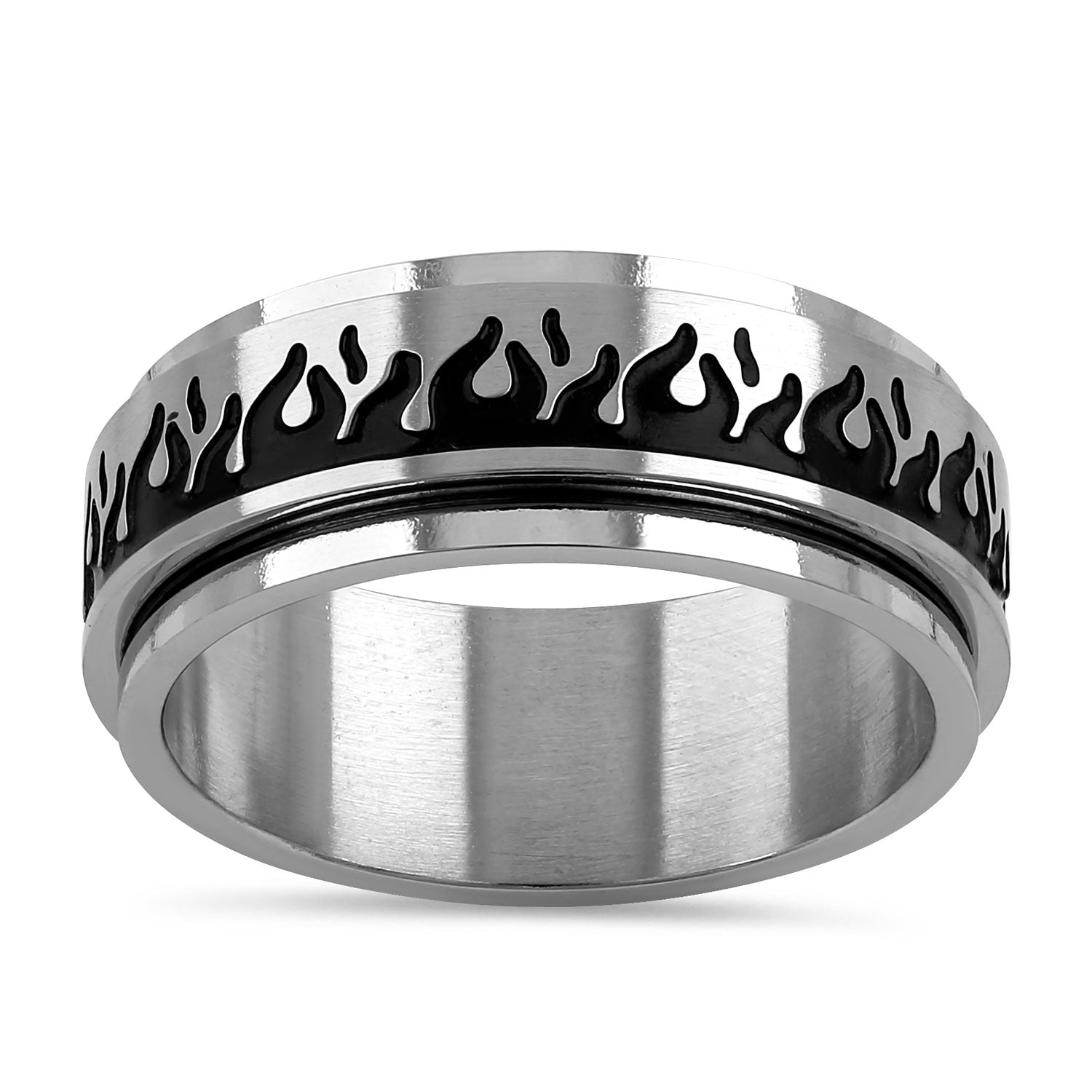 Stainless Steel Flaming Spinner Band Ring for Men & Women - Adjustable Spinning Fashion Jewelry for Stress Relief, Fidgeting, and Party Accessories