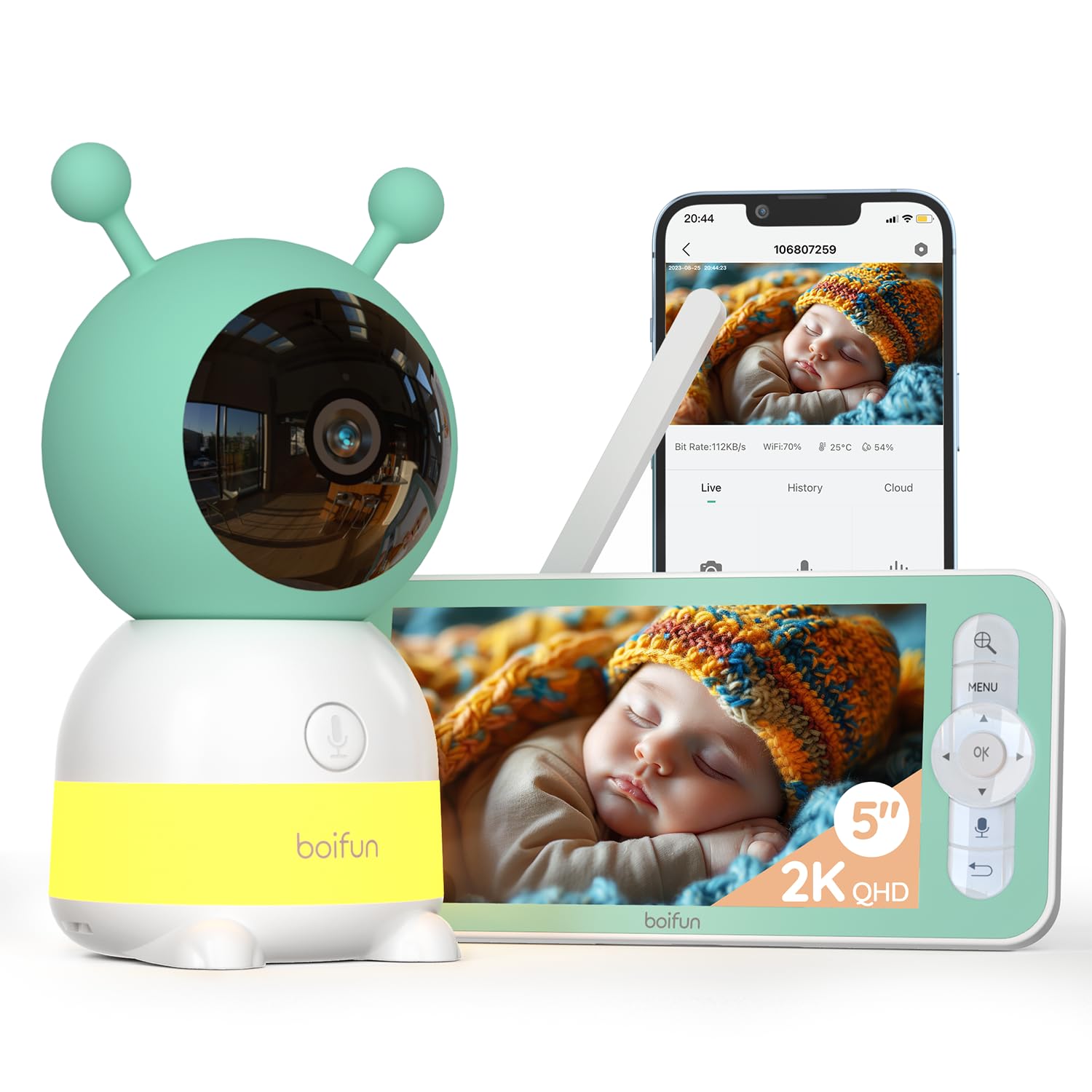 BOIFUN 2K WiFi Baby Monitor with Color Night Light - Smart AI Motion, Sound, Humidity & Temperature Detection - Auto Tracking via App - 5