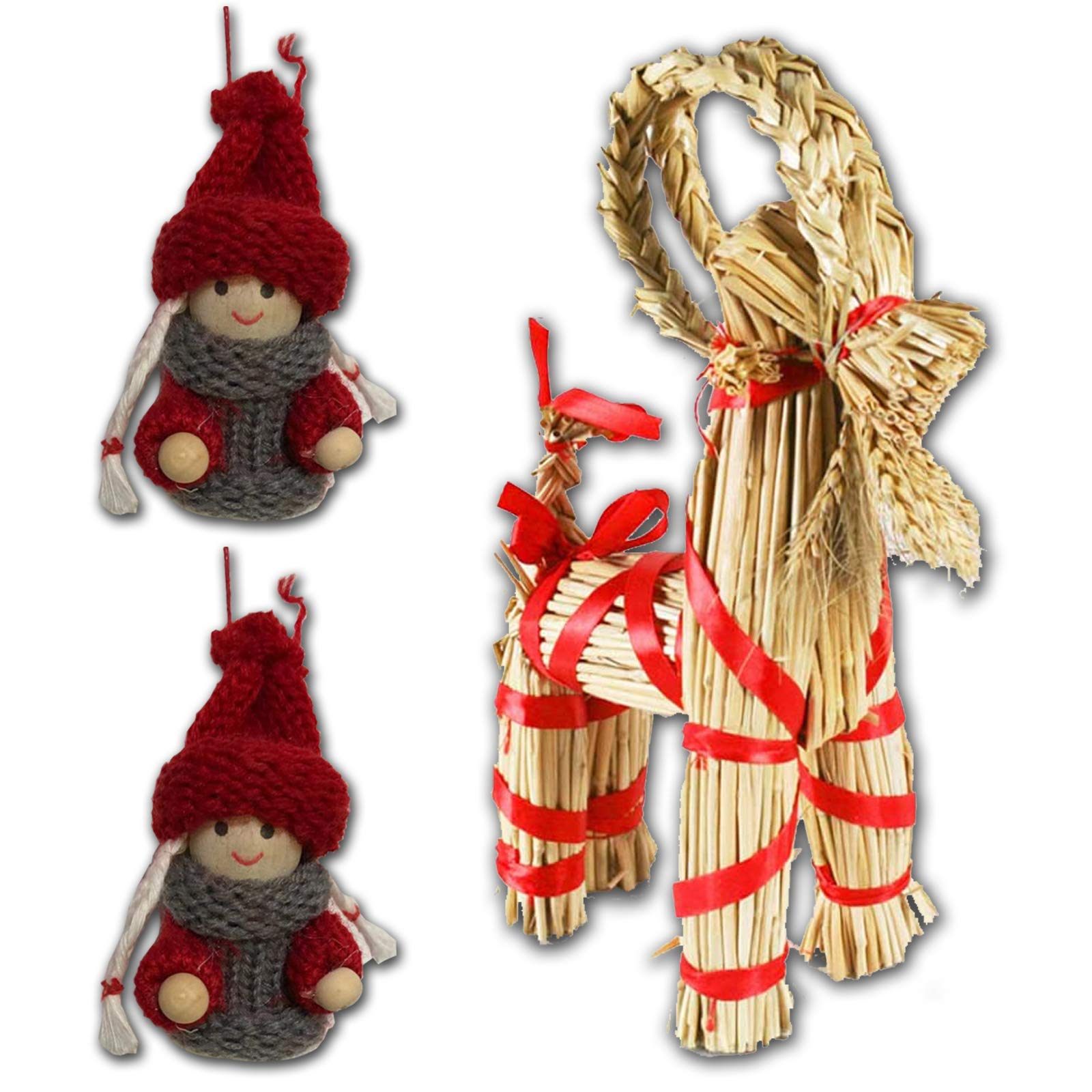12-Inch Scandinavian Straw Goat Julbock & 2.75-Inch Santa Doll - Traditional Christmas Decorations for Holiday Tree, Mantel, and Festive Home Decor