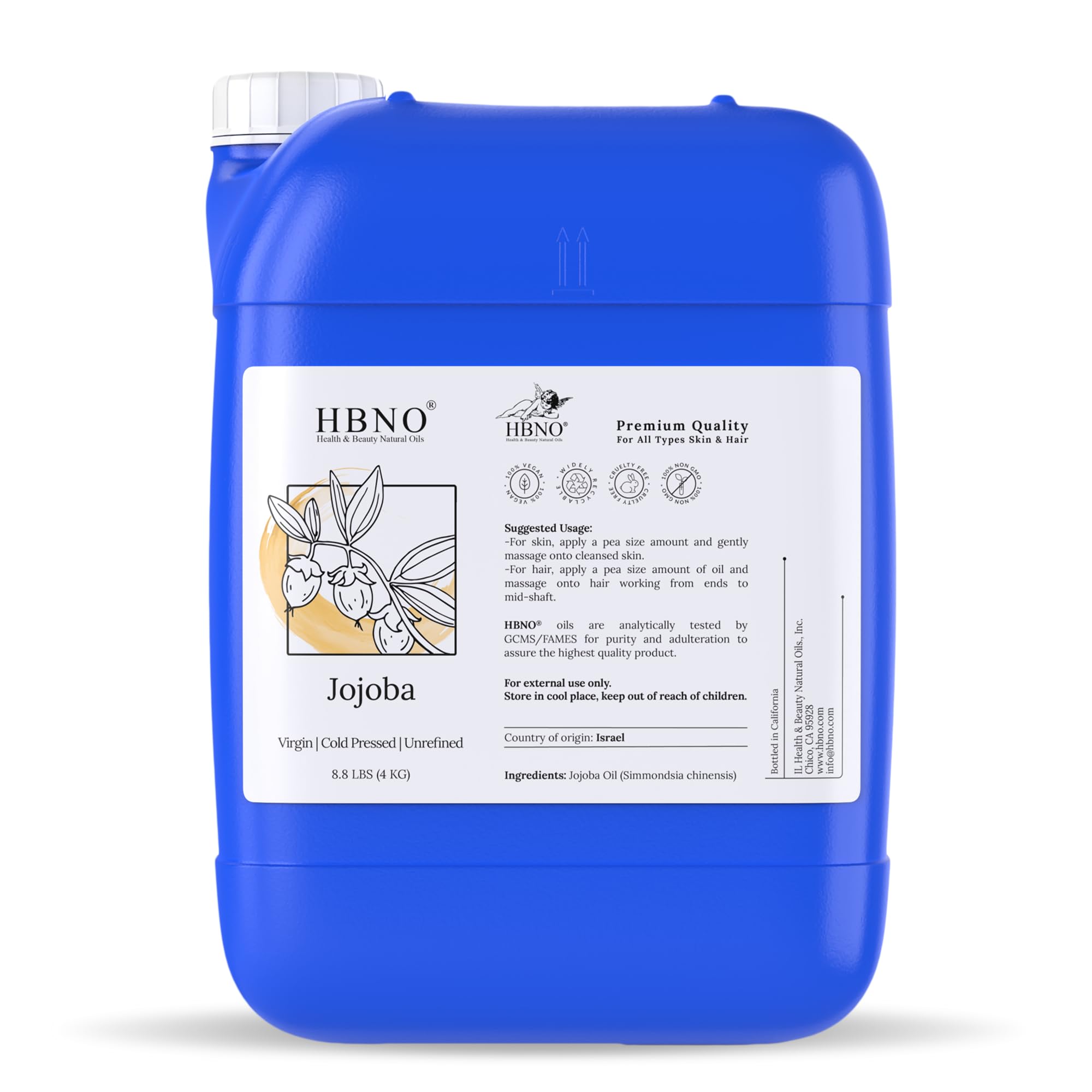 Pure Organic Jojoba Oil - 8.8 lbs (4kg) Bulk - Cold Pressed Unrefined for Hair Care, Skin Care, Massage & DIY Beauty Products - Perfect for Shampoo, Conditioner, Face Wash, Lotion & Aromatherapy Blends