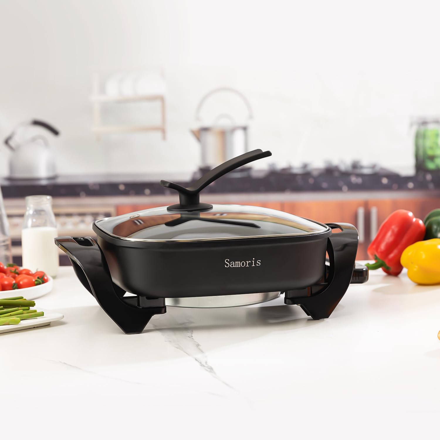 Samoris 17-Inch Non-Stick Electric Skillet with Glass Vented Lid - 5 Quart Large Frying Pan, Adjustable Temperature Control (1500W), Cool-Touch Handles, Even Heating & Scratch Resistant - Perfect for Family Cooking, Pancakes, Stir-Fry & Indoor Grilling
