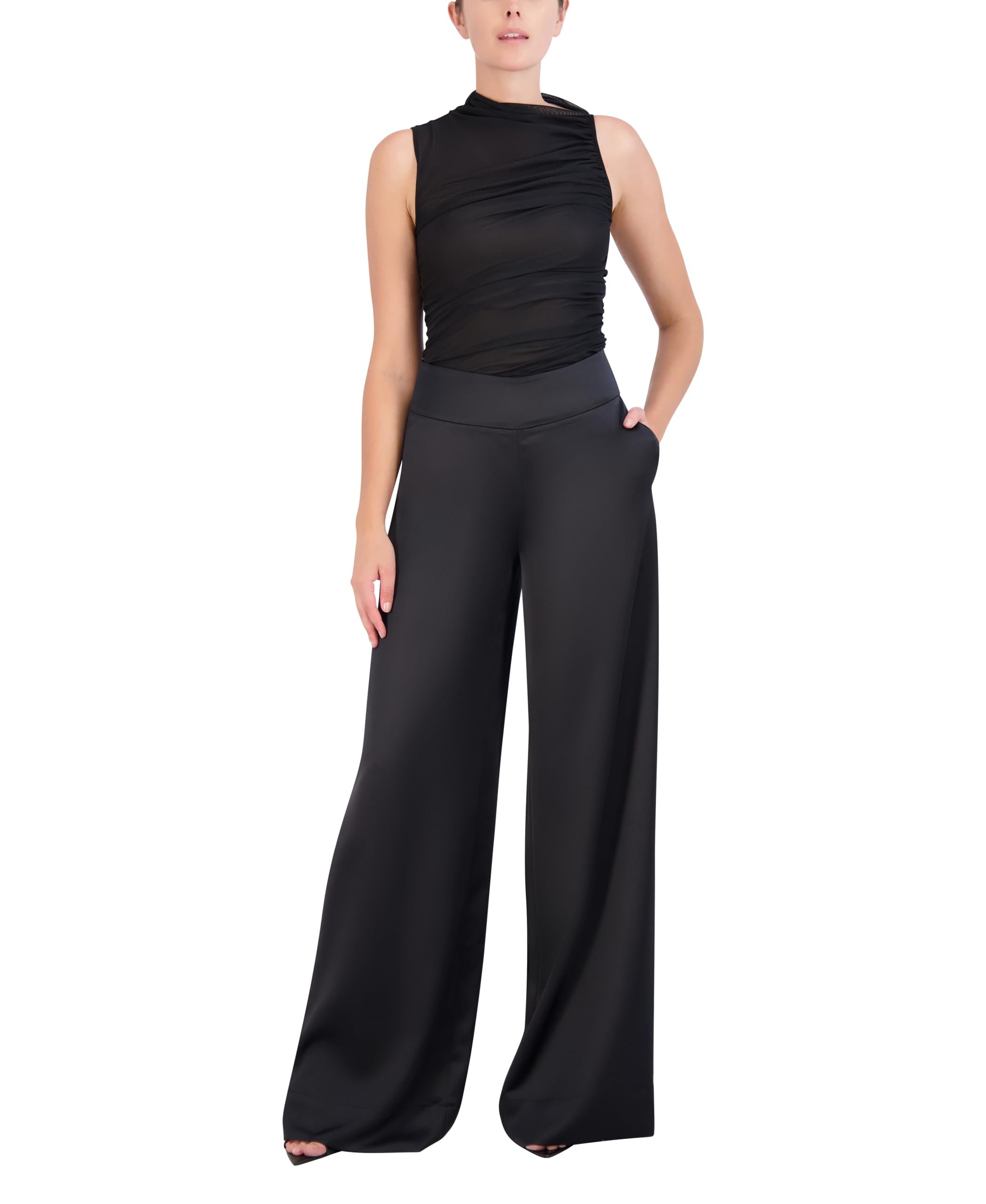 BCBGMAXAZRIA Women's Wide Leg Satin Pants - High Waist Flowy Lounge Pants for Elegant Comfort | Perfect for Work, Evening Out & Home Relaxation