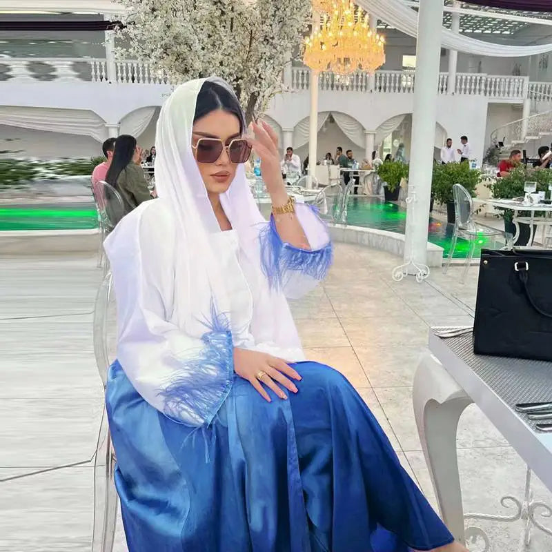 2 Piece Set Color Gradient Satin Open Abaya Dress with Inner Sleeveless Dress - Elegant Muslim Women's Prayer Dress for Eid, Ramadan & Special Occasions