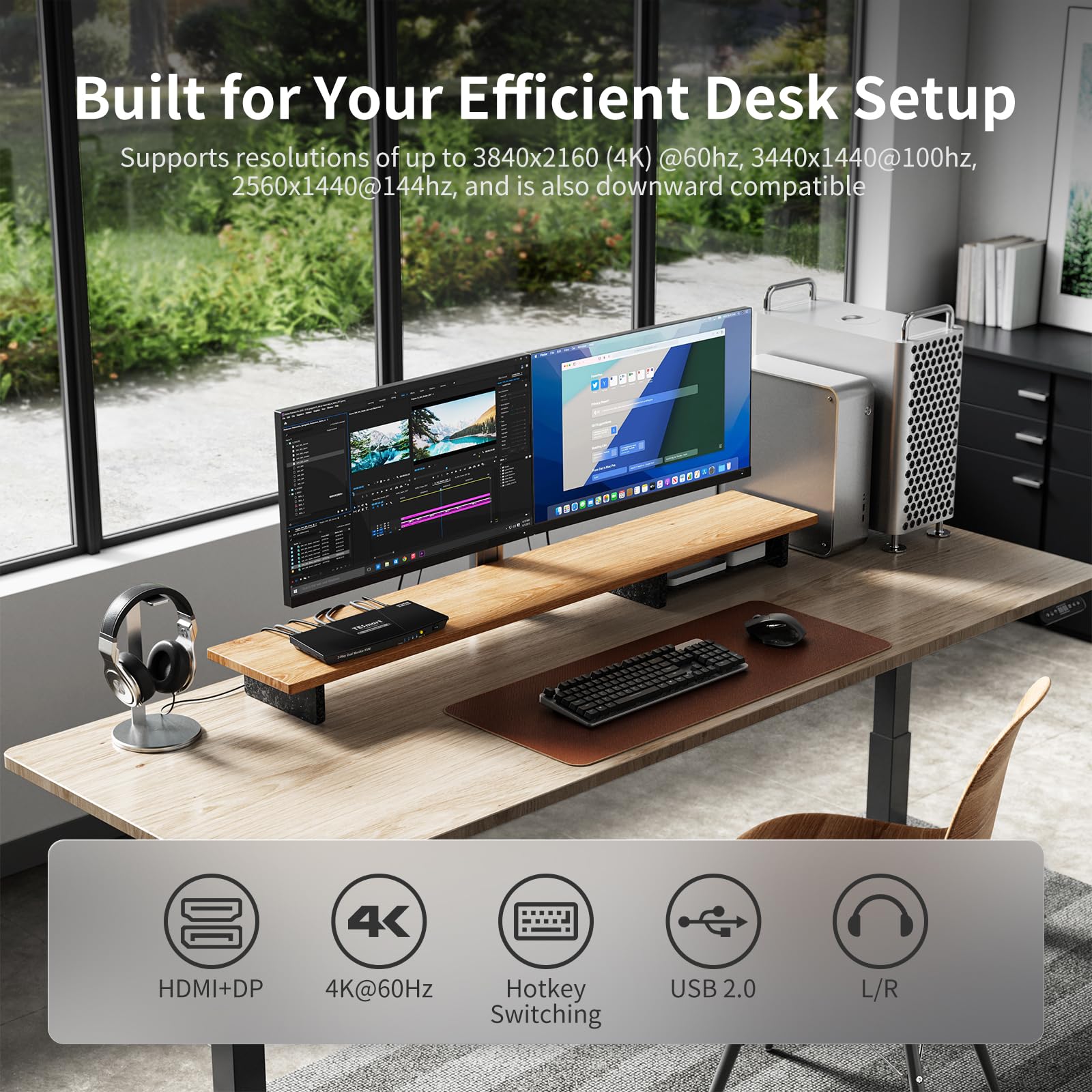 TESmart 4K@60Hz KVM Switch for Dual Monitors - 2 Port DisplayPort & HDMI, USB 2.0, EDID Emulator, Audio L/R, Hotkey & Button Switching - Perfect for Multi-PC Workstations, Gaming Setups & Home Office