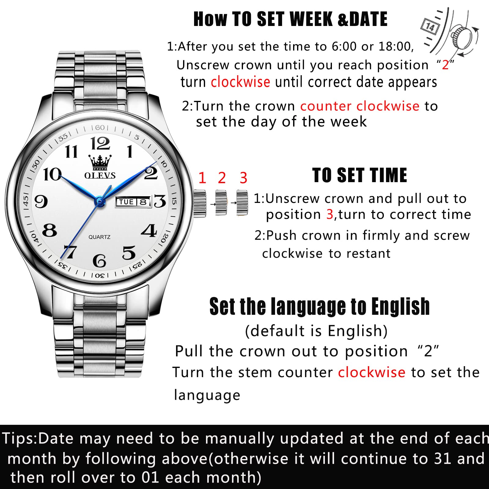 OLEVS Men's Watches - Big Face Stainless Steel Waterproof Analog Quartz Watch with Day Date Display - Fashion Business Watch for Men - Perfect for Office, Casual Wear & Outdoor Activities