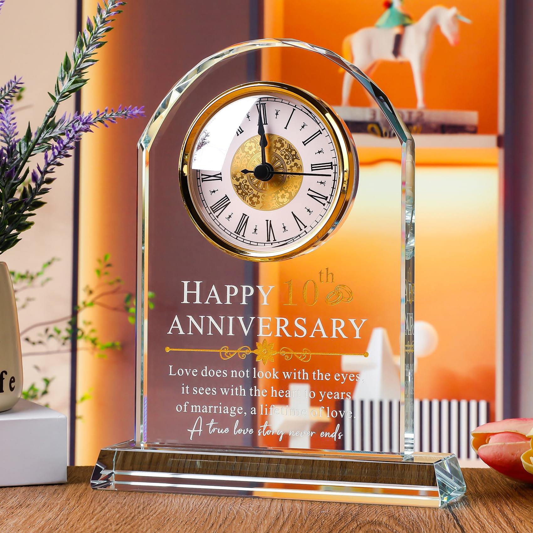 10th Wedding Anniversary Gift - Elegant Glass Quartz Clock for Couples, Him & Her - 10 Years of Marriage Keepsake - Perfect Anniversary Decor for Husband or Wife - Ideal for Home, Office, or Romantic Gift Giving