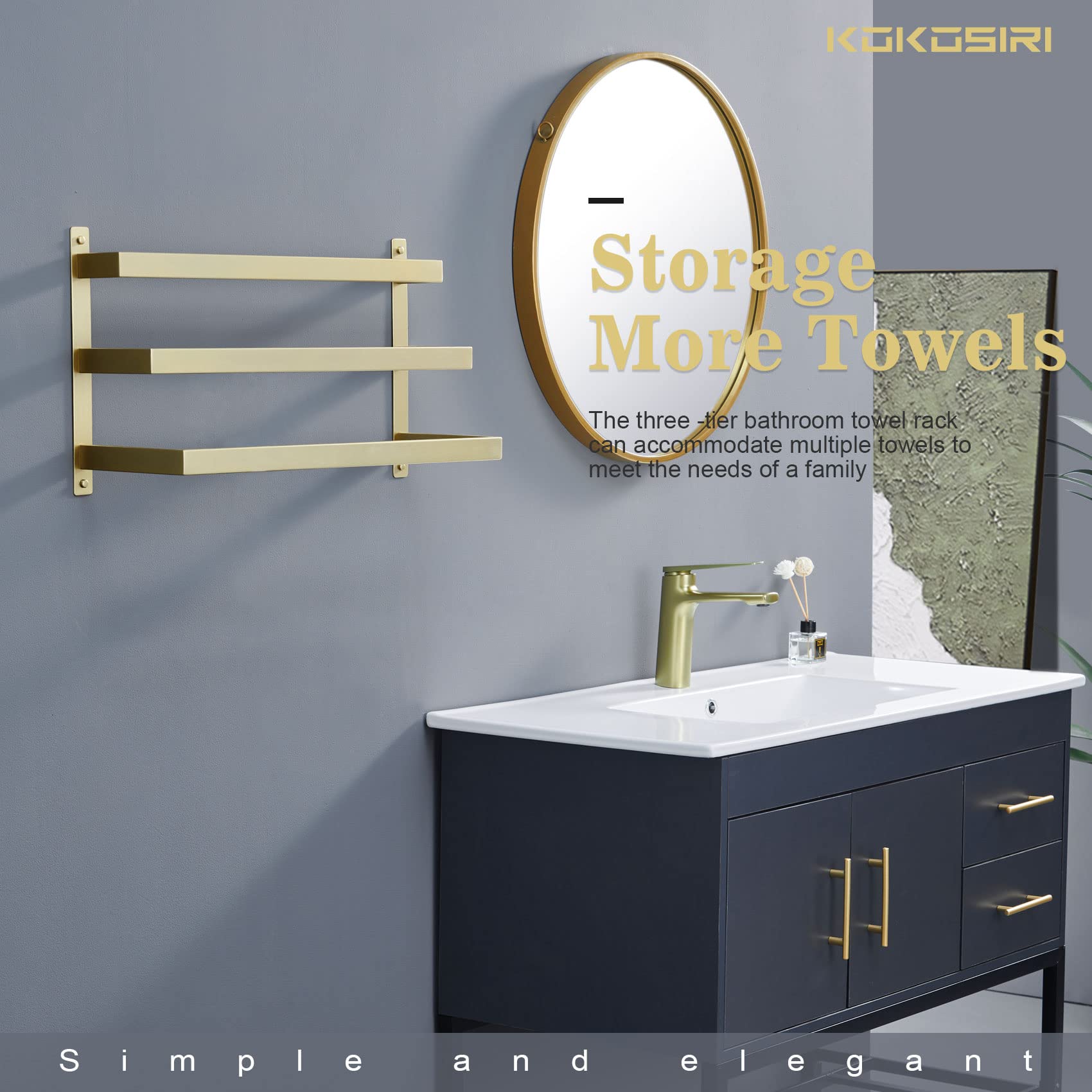 KOKOSIRI 3-Tier Brushed Gold Stainless Steel Bathroom Towel Rack - Wall Mounted Ladder Shelf for Bath Towels, Hand Towels & Washcloths | Perfect for Spa, Guest Bathroom & Luxury Home Decor
