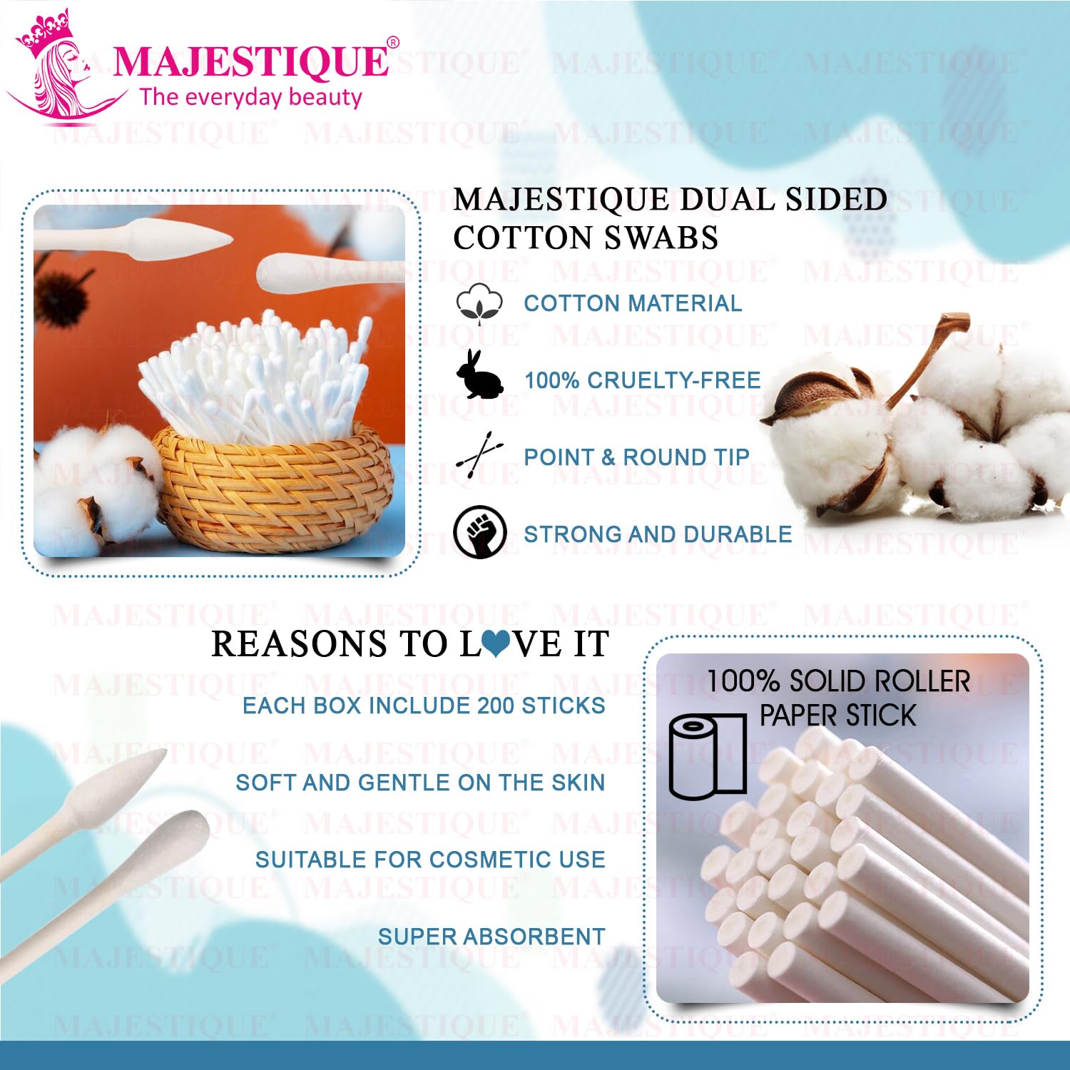 Majestique Cotton Swabs 200 Count - Soft & Gentle Paper Sticks for Ear Cleaning, Makeup Application, Nail Polish Removal - Ideal for Beauty, First Aid & Household Use - White (Pack of 1)