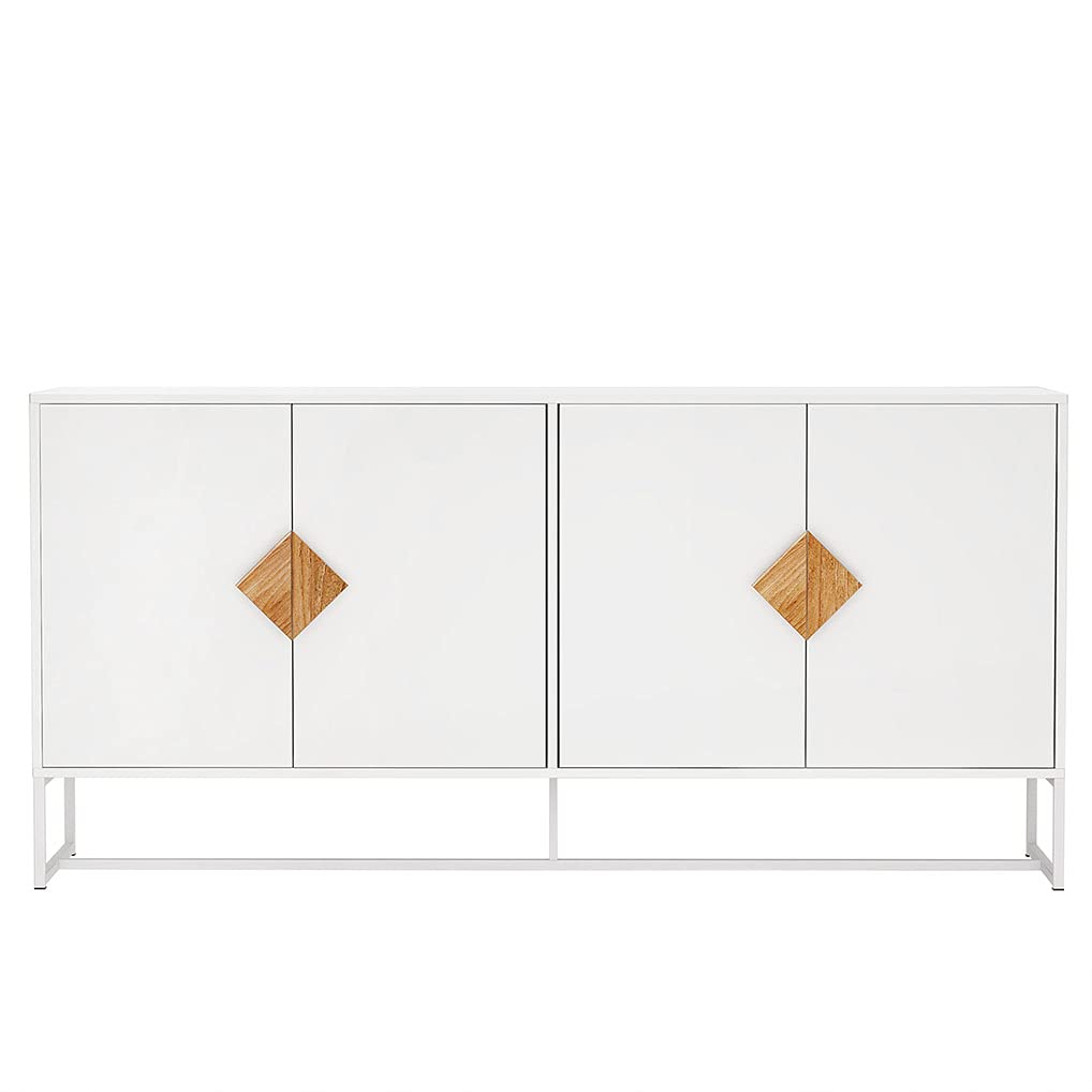 Solid Wood 4-Door Storage Cabinet with Double Sideboard - 2-Tier Shelves & Square Wooden Handles - Entryway Credenza, Buffet Table for Dining Room & Living Room Storage Solution