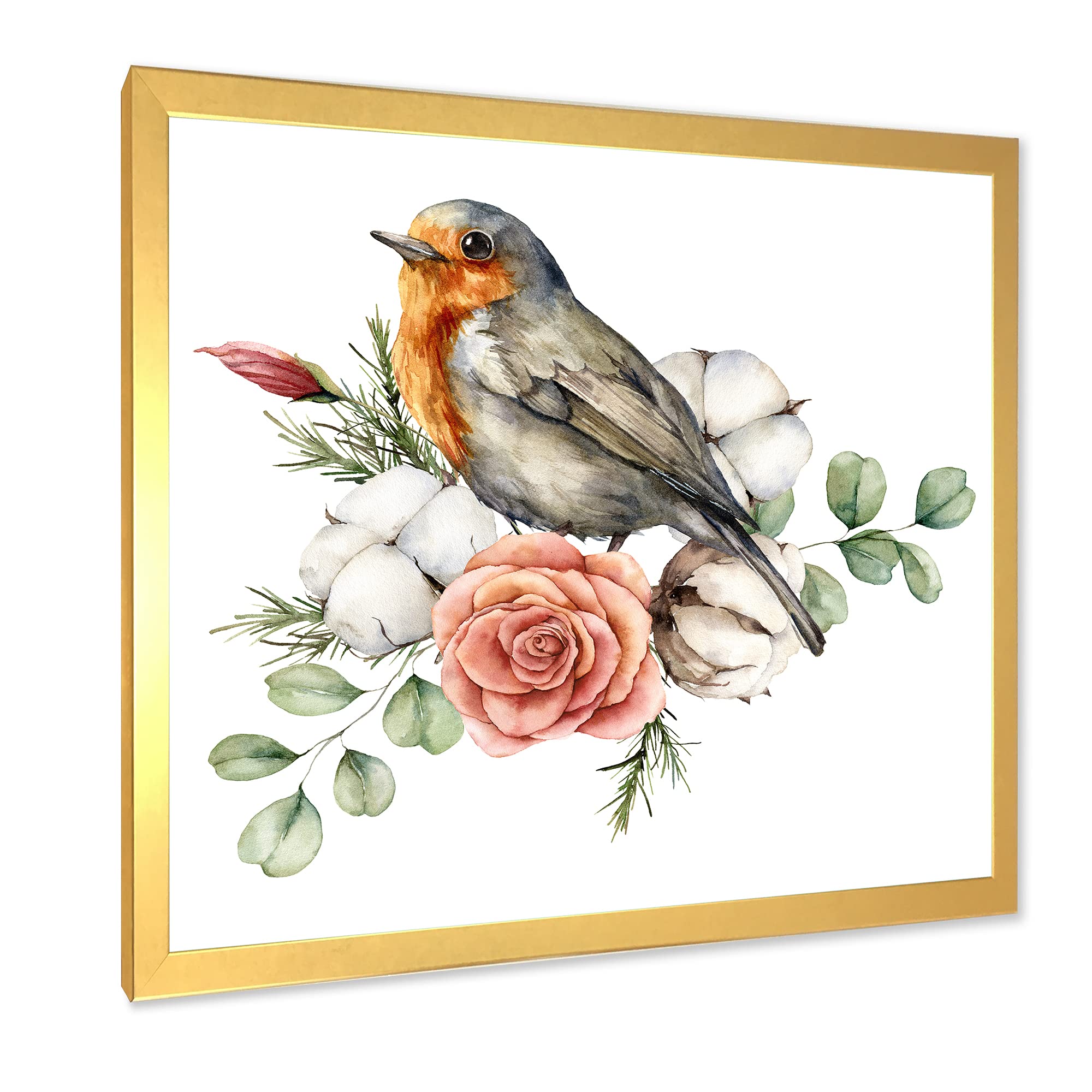 Robin Redbreast with Cotton Rose and Leaves - Traditional Framed Wall Art for Living Room, Bedroom & Office Decor