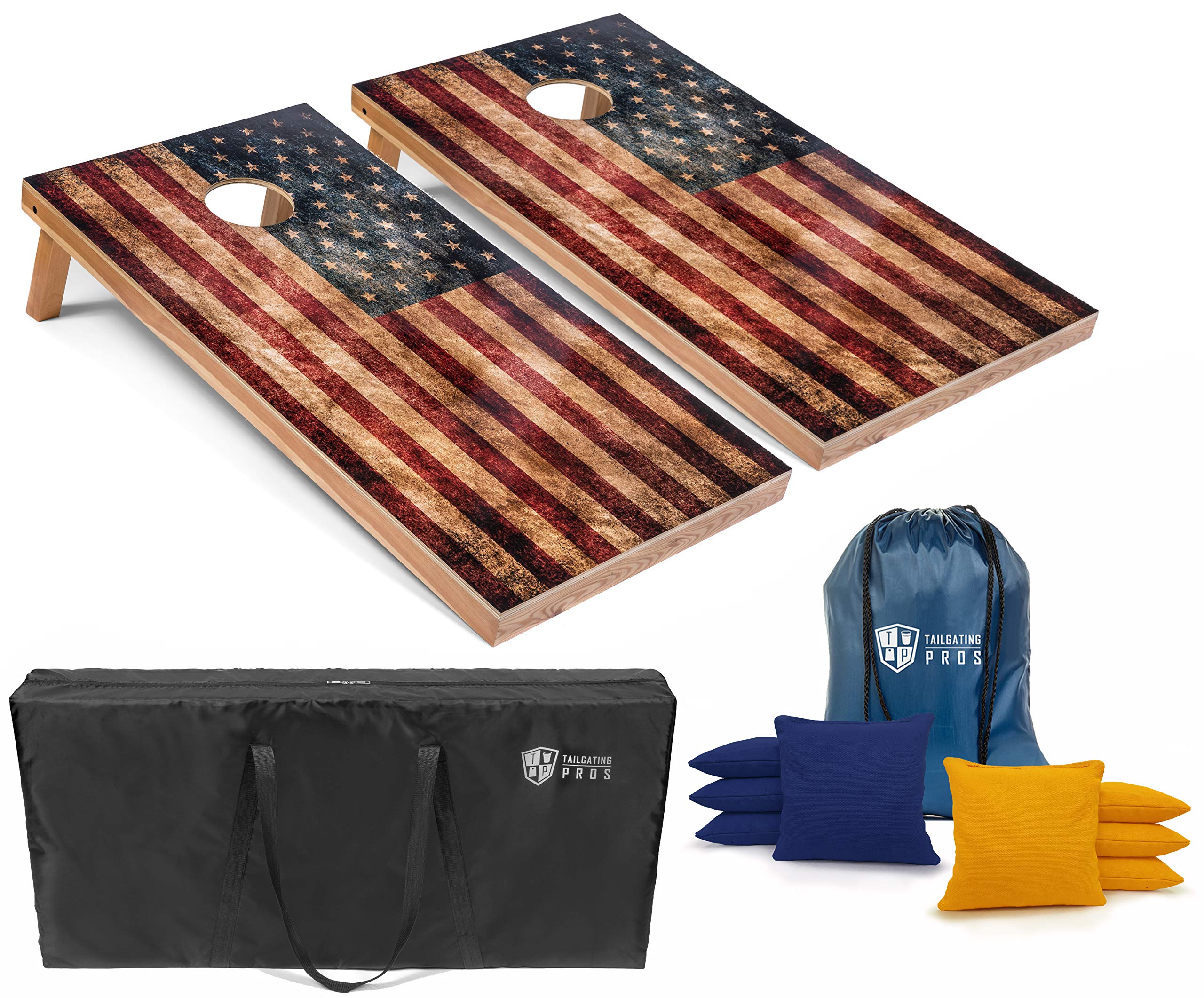 Premium Tournament-Grade 4'x2' Rustic American Flag Cornhole Boards Set with 8 Bean Bags & Carrying Case - Outdoor Party Games, Tailgating Essentials, Backyard BBQ Entertainment, Patriotic Yard Decor
