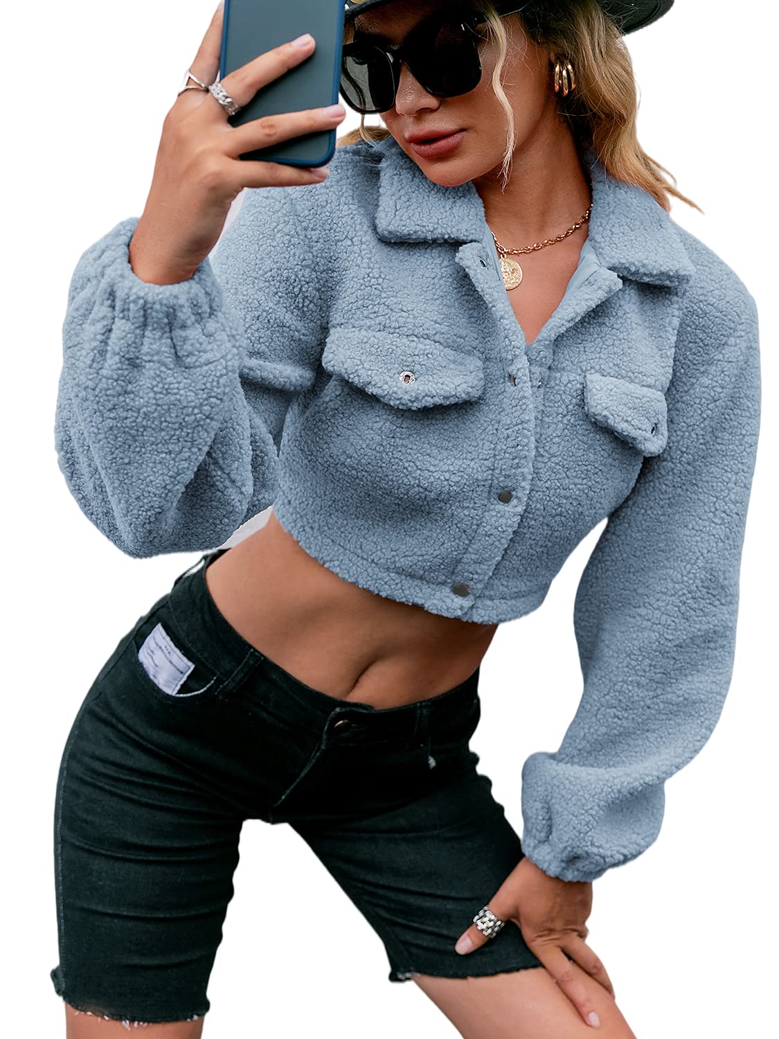Women's Cropped Fuzzy Fleece Jacket with Sherpa Lining - Warm Button Down Lapel Coat for Fall & Winter - Perfect for Casual Outings, Travel and Outdoor Activities