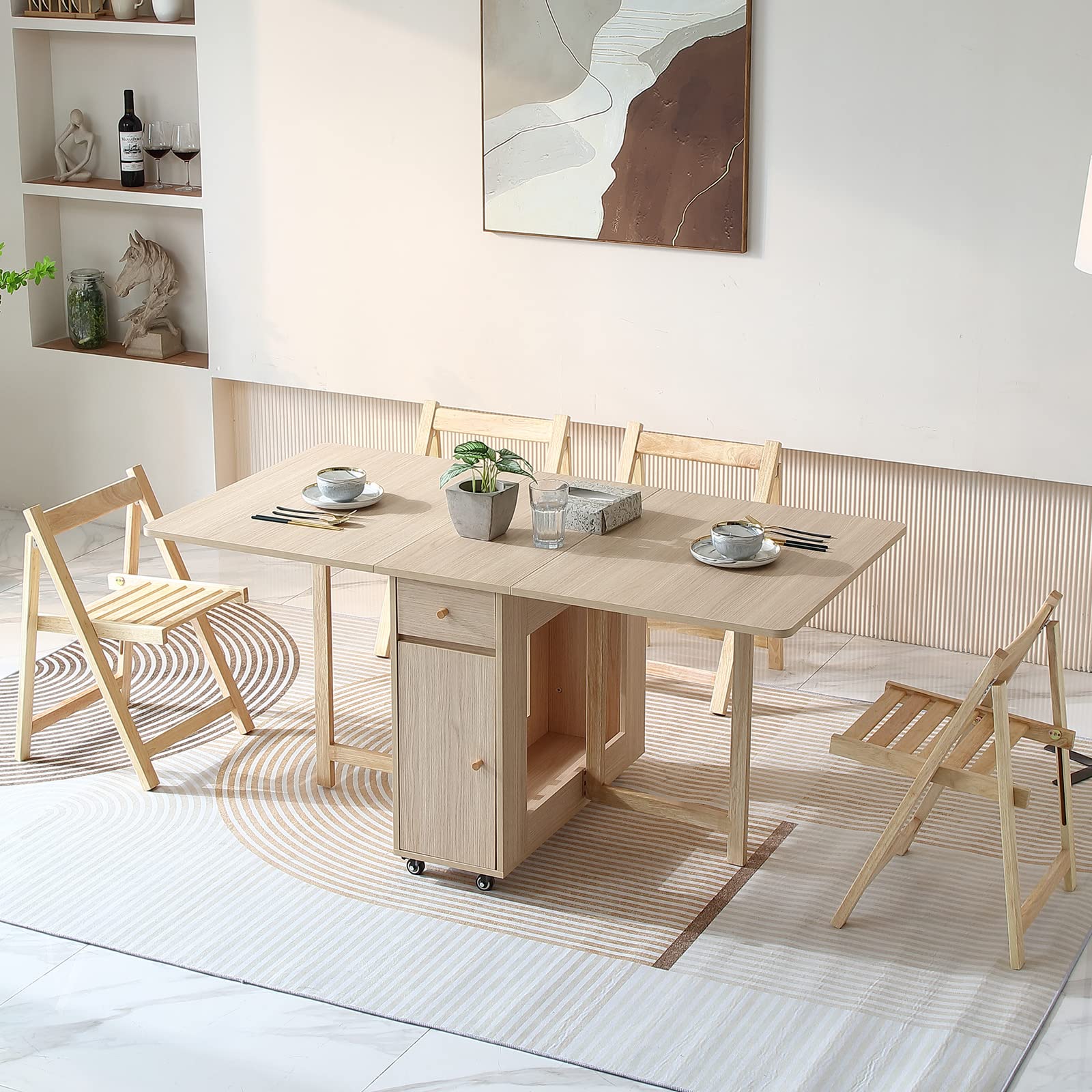 Extendable Drop Leaf Folding Dining Table with 2 Drawers & 4 Wheels - Space Saving Kitchen Table for Small Apartments, Farmhouse, Living Room | Solid Wood Finish | Perfect for Dining, Entertaining & Home Office Use